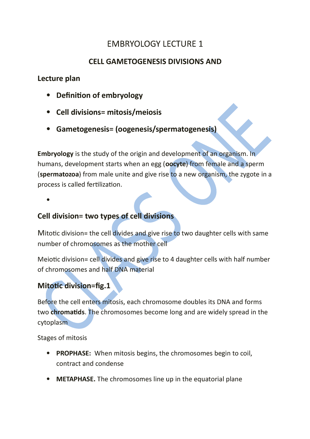 Embryology LECT 1 - LECTURE NOTES - EMBRYOLOGY LECTURE 1 CELL ...