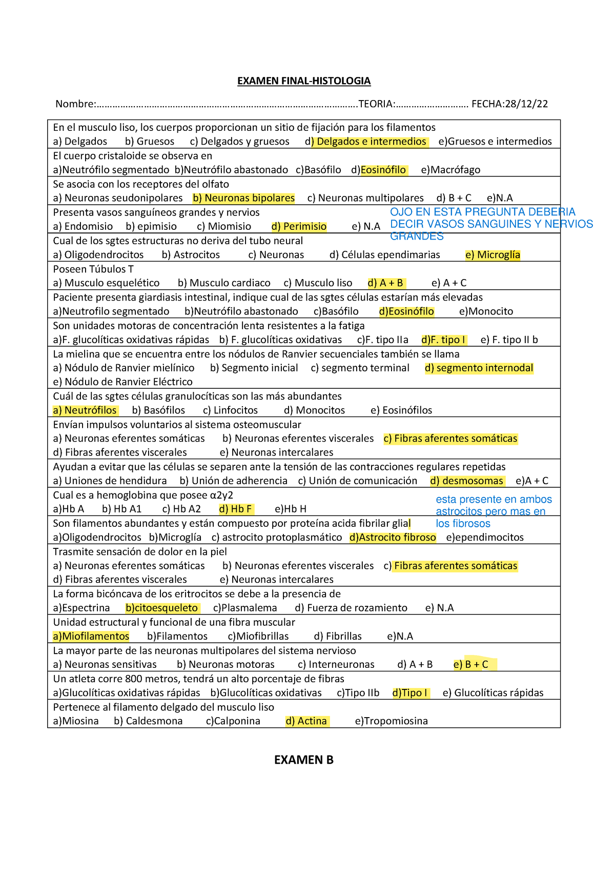 Examen Final B Histologia - EXAMEN FINAL-HISTOLOGIA - Studocu