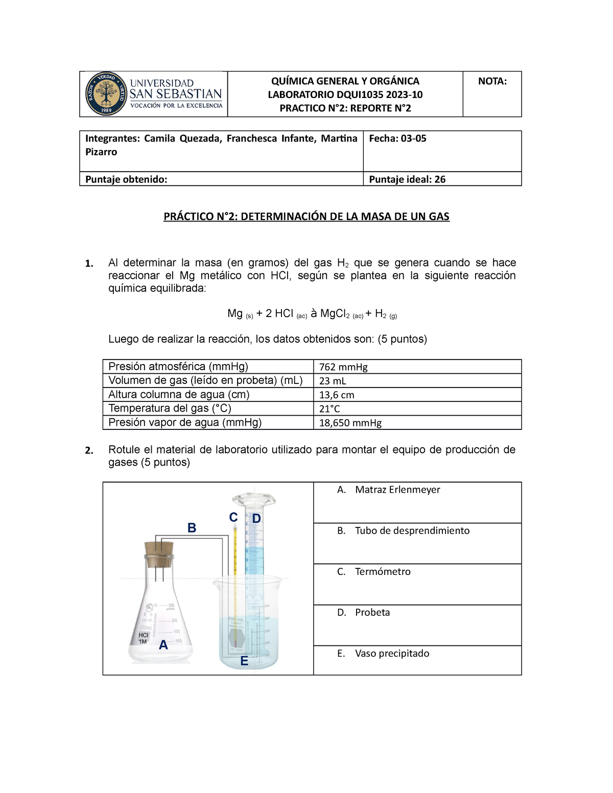 Reporte N°2 - DQUI1035 - QUÍMICA GENERAL Y ORGÁNICA LABORATORIO ...