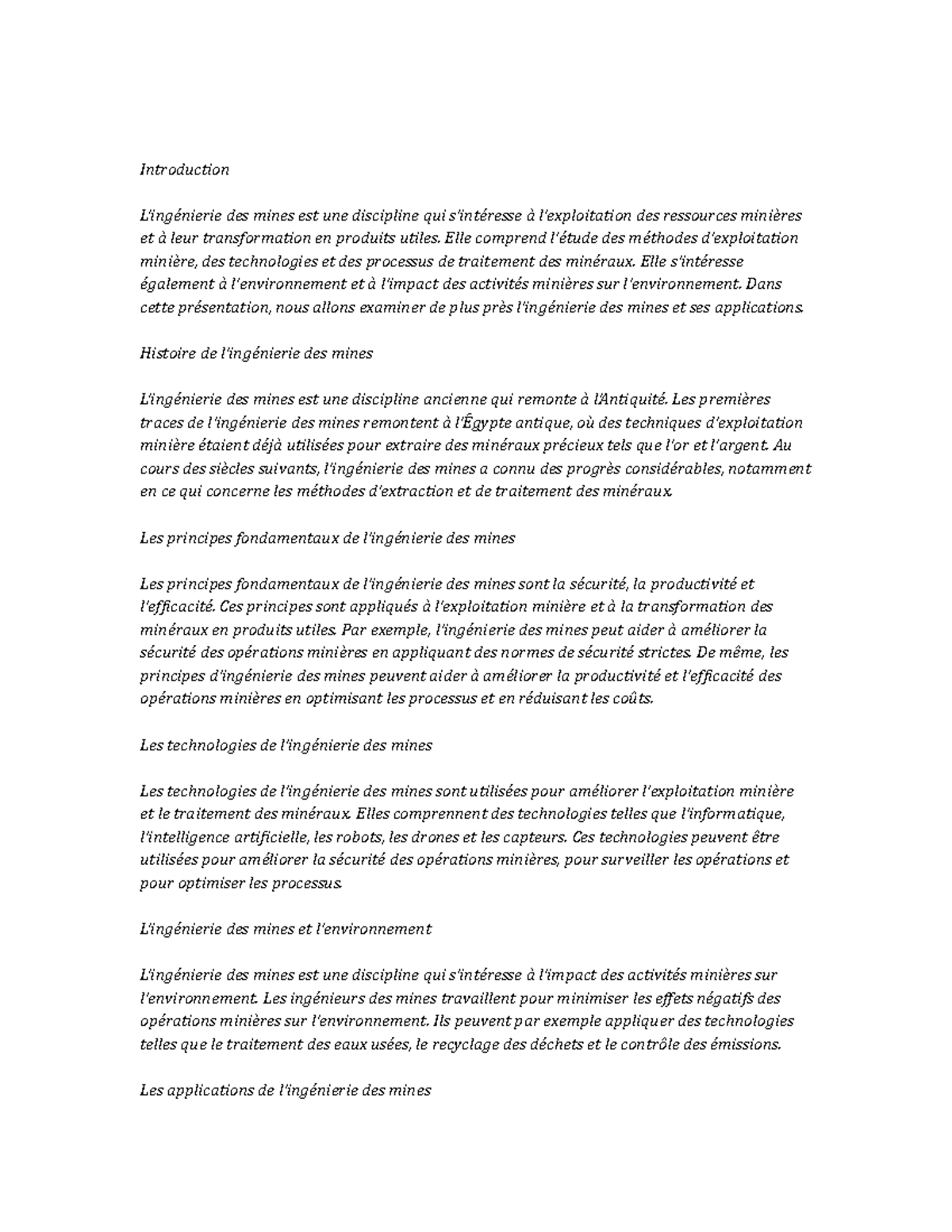 Ingénierie des mines Notes de cours Introduction L’ingénierie des