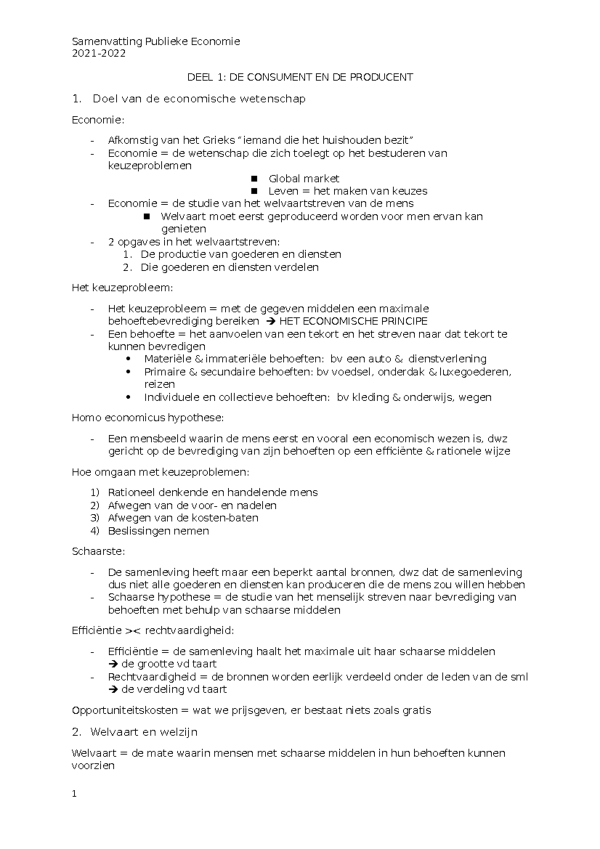 Samenvatting Publieke Economie - 2021- DEEL 1: DE CONSUMENT EN DE ...