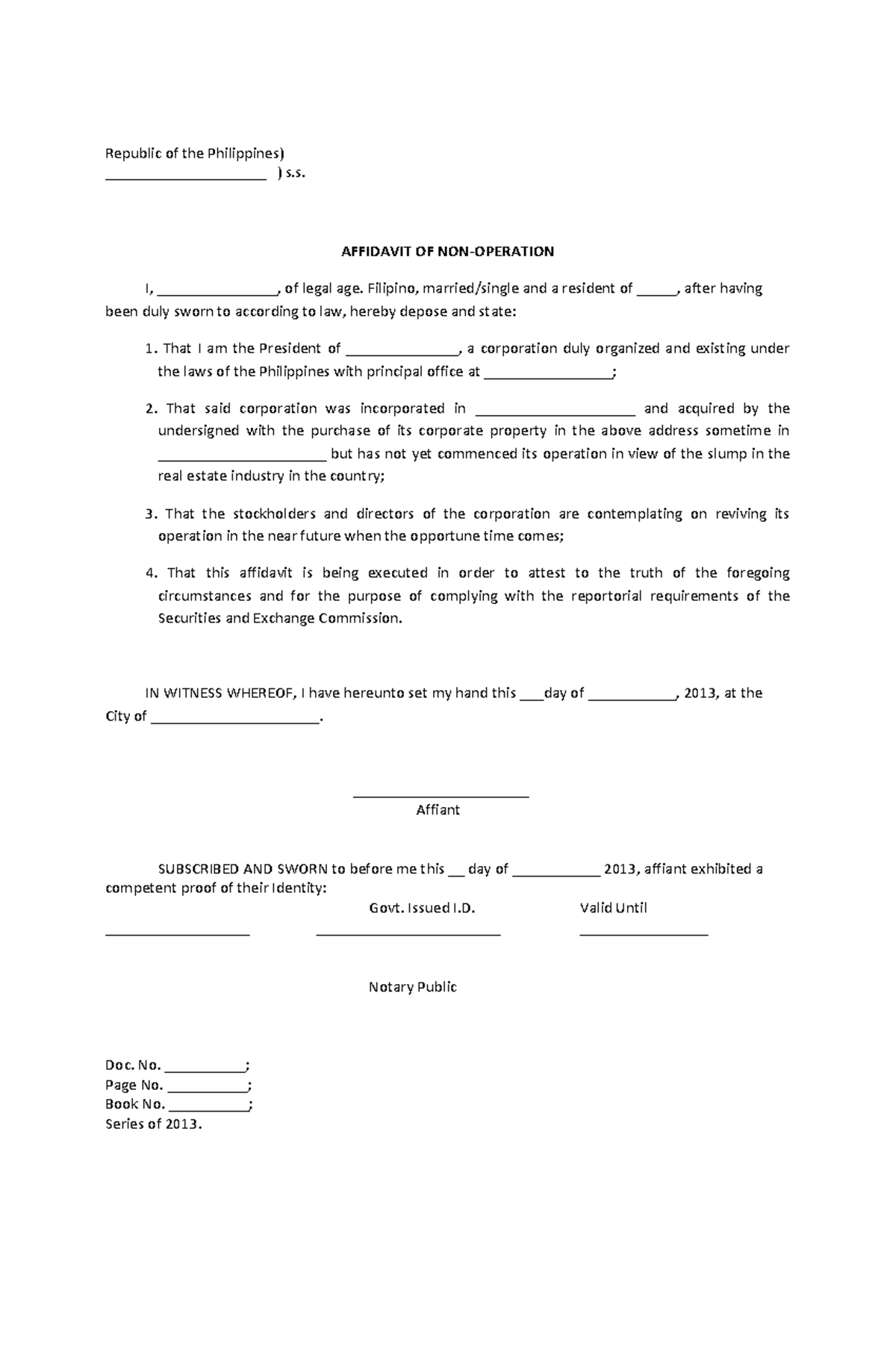 Affidavit of Non Operation - Republic of the Philippines ...