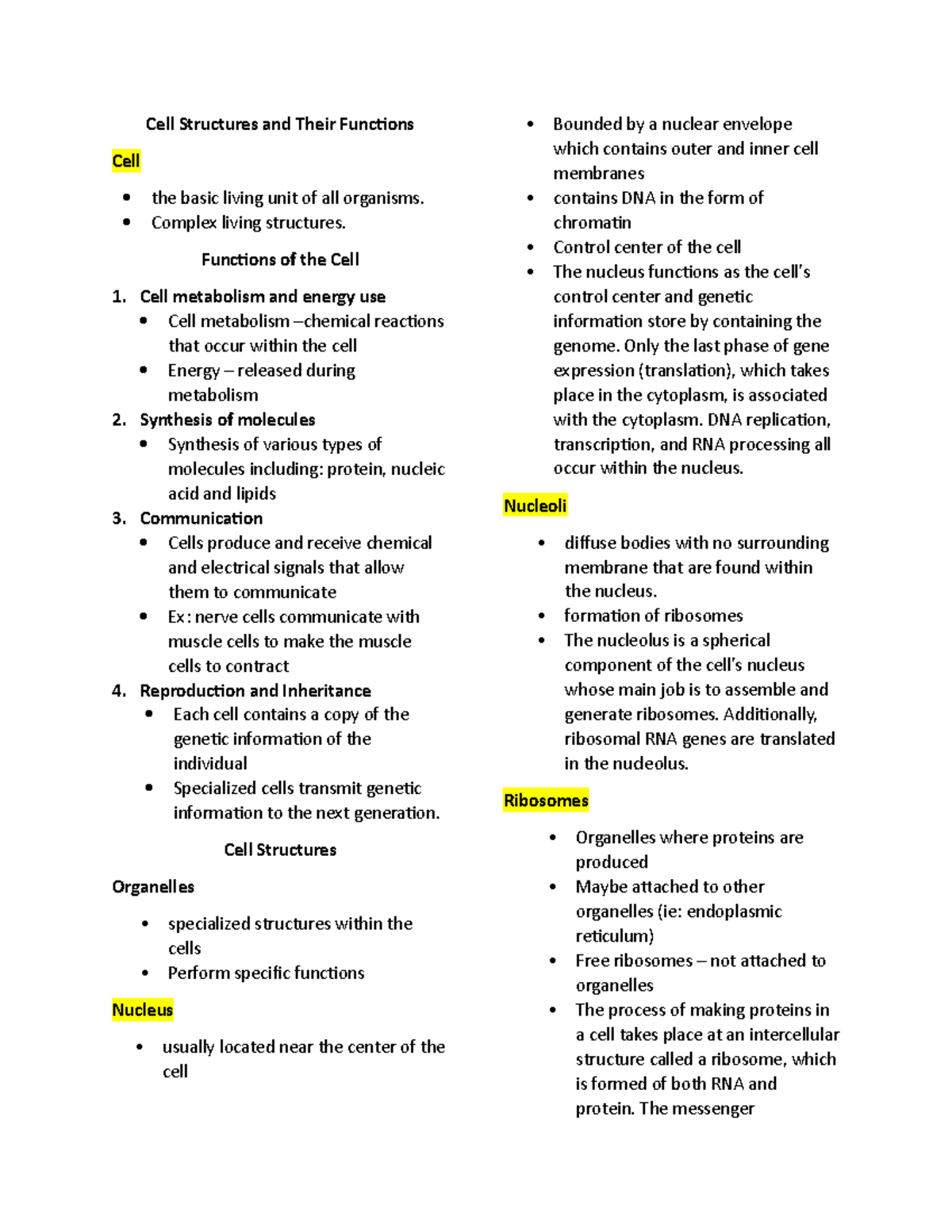Cell Structures and Their Functions Notes - Cell Structures and Their ...