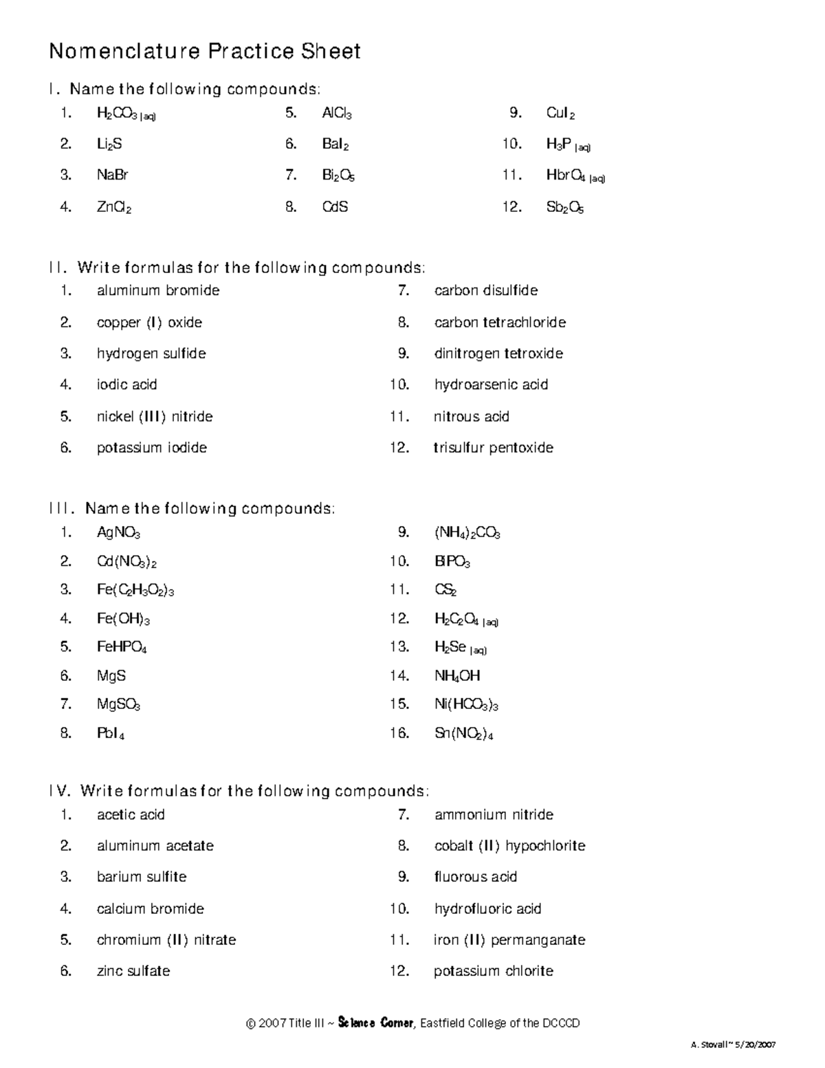 Nomenclature Practice Sheet-withkey - © 2007 Title III ~ Science Corner ...