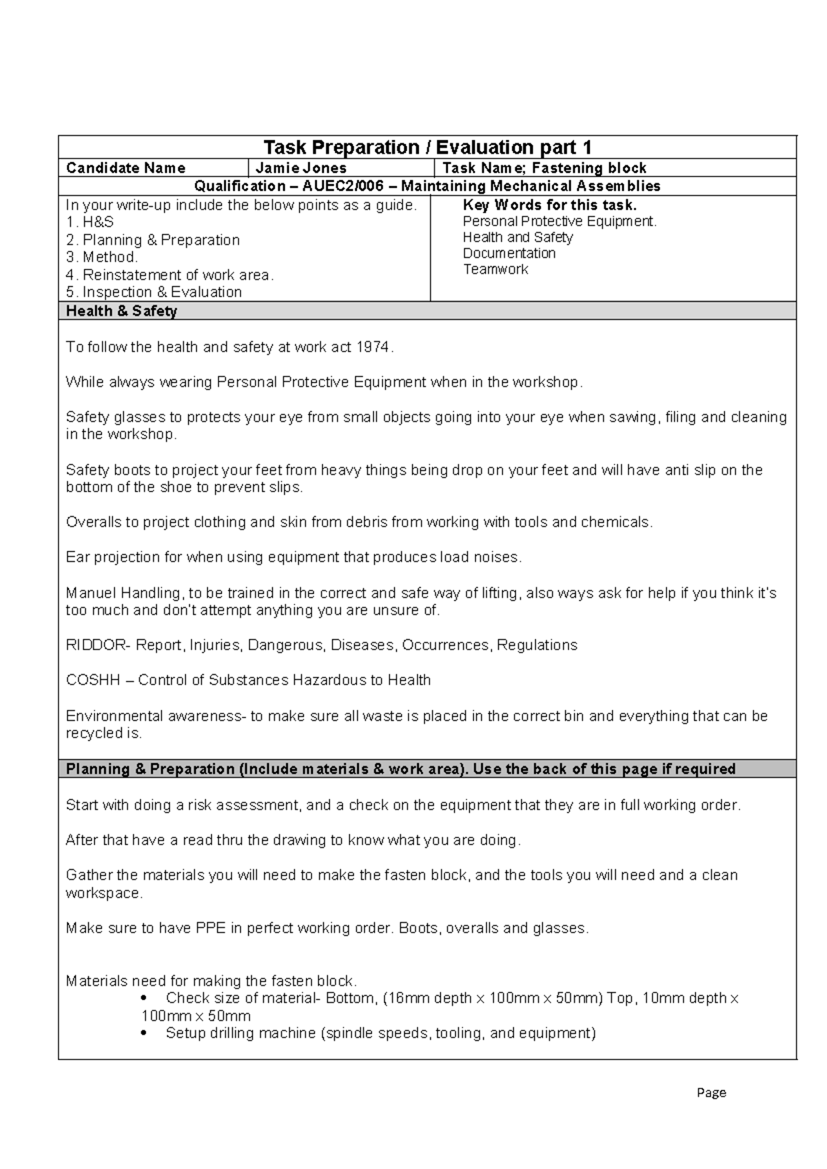 Fastening Block Task Sheet - Task Preparation / Evaluation part 1 ...