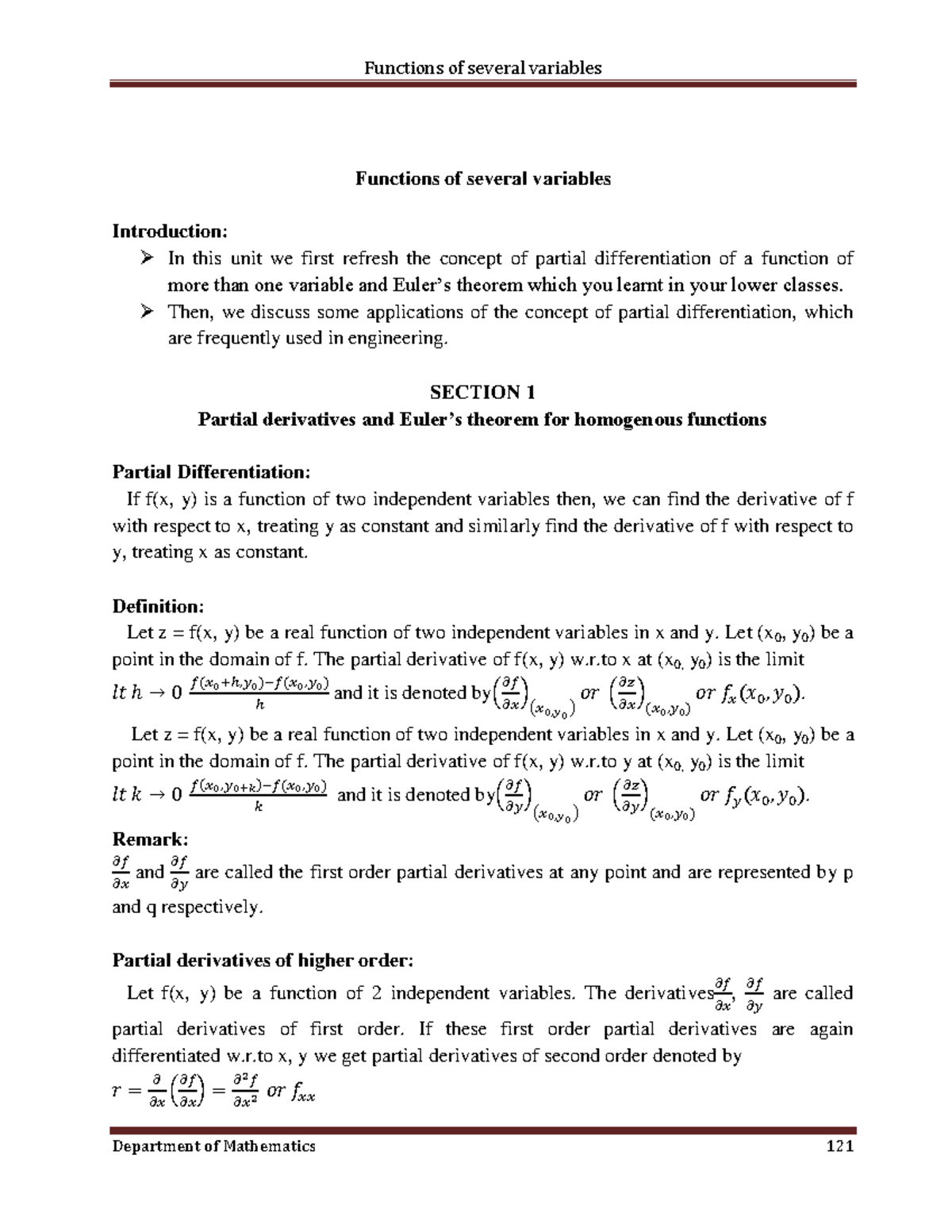 Func. of several variable - Functions of several variables Introduction ...