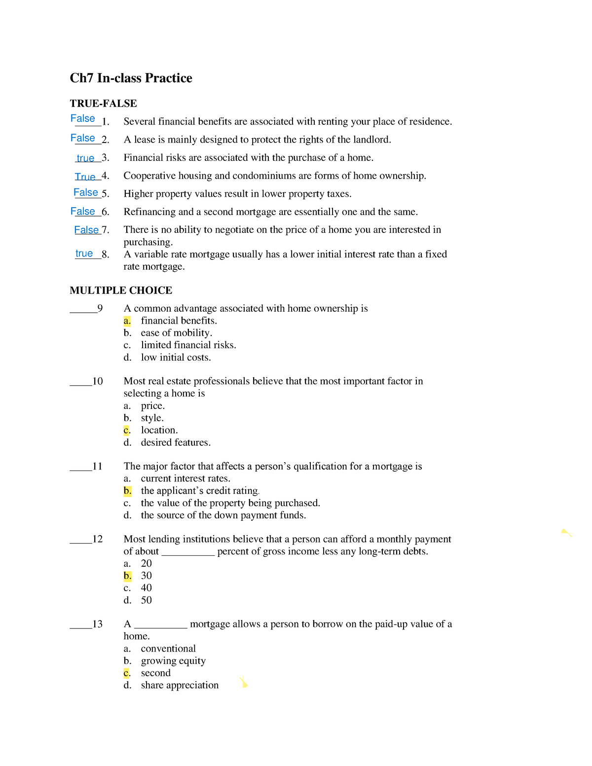 assignment chapter 7 true false quiz (practice)