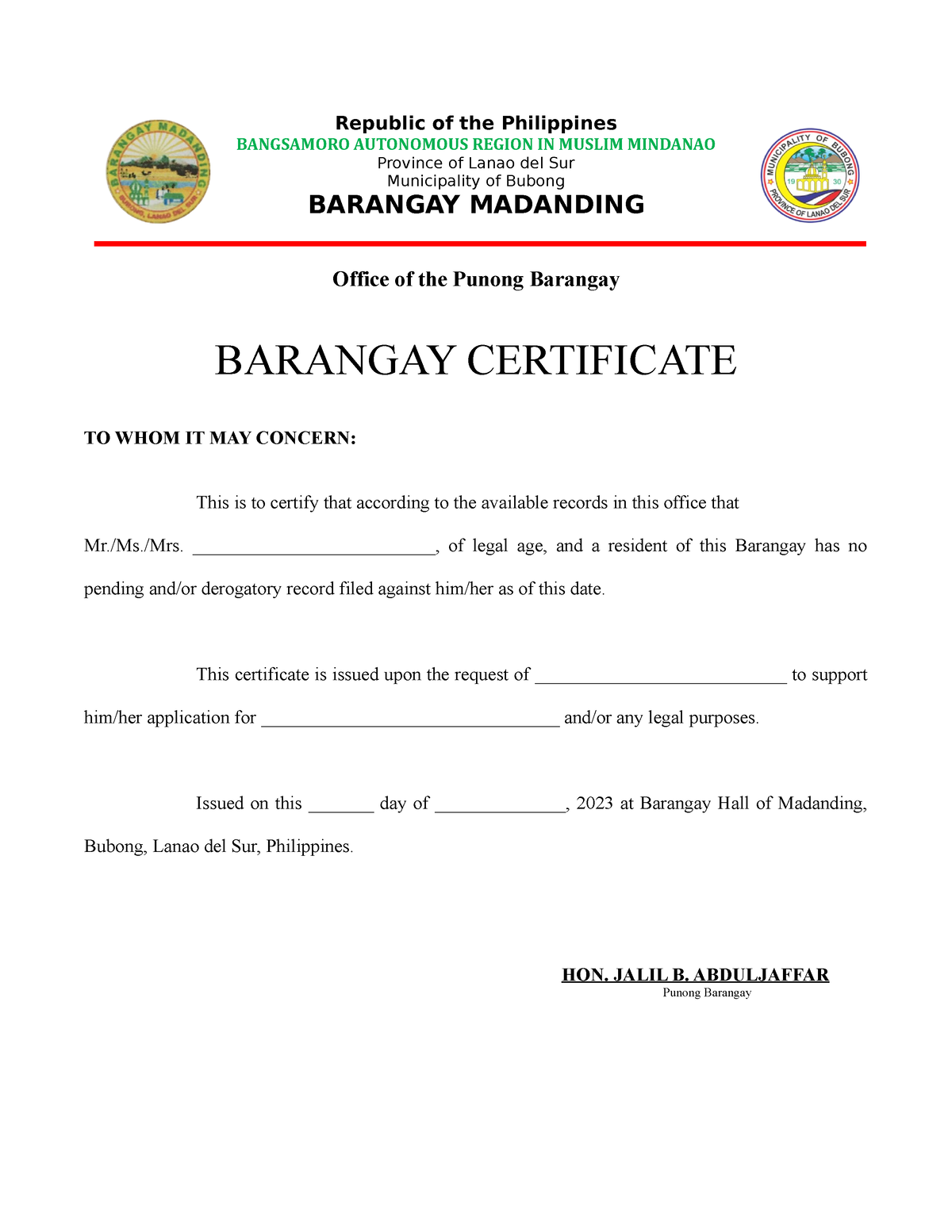 Brgy Madanding Certificate - BANGSAMORO AUTONOMOUS REGION IN MUSLIM ...