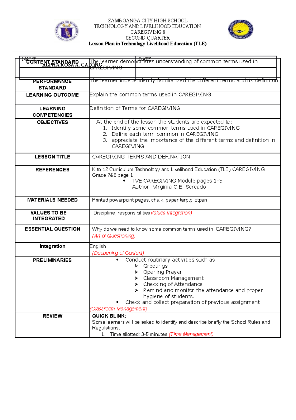 LESSON PLAN IN TLE - ZAMBOANGA CITY HIGH SCHOOL TECHNOLOGY AND ...