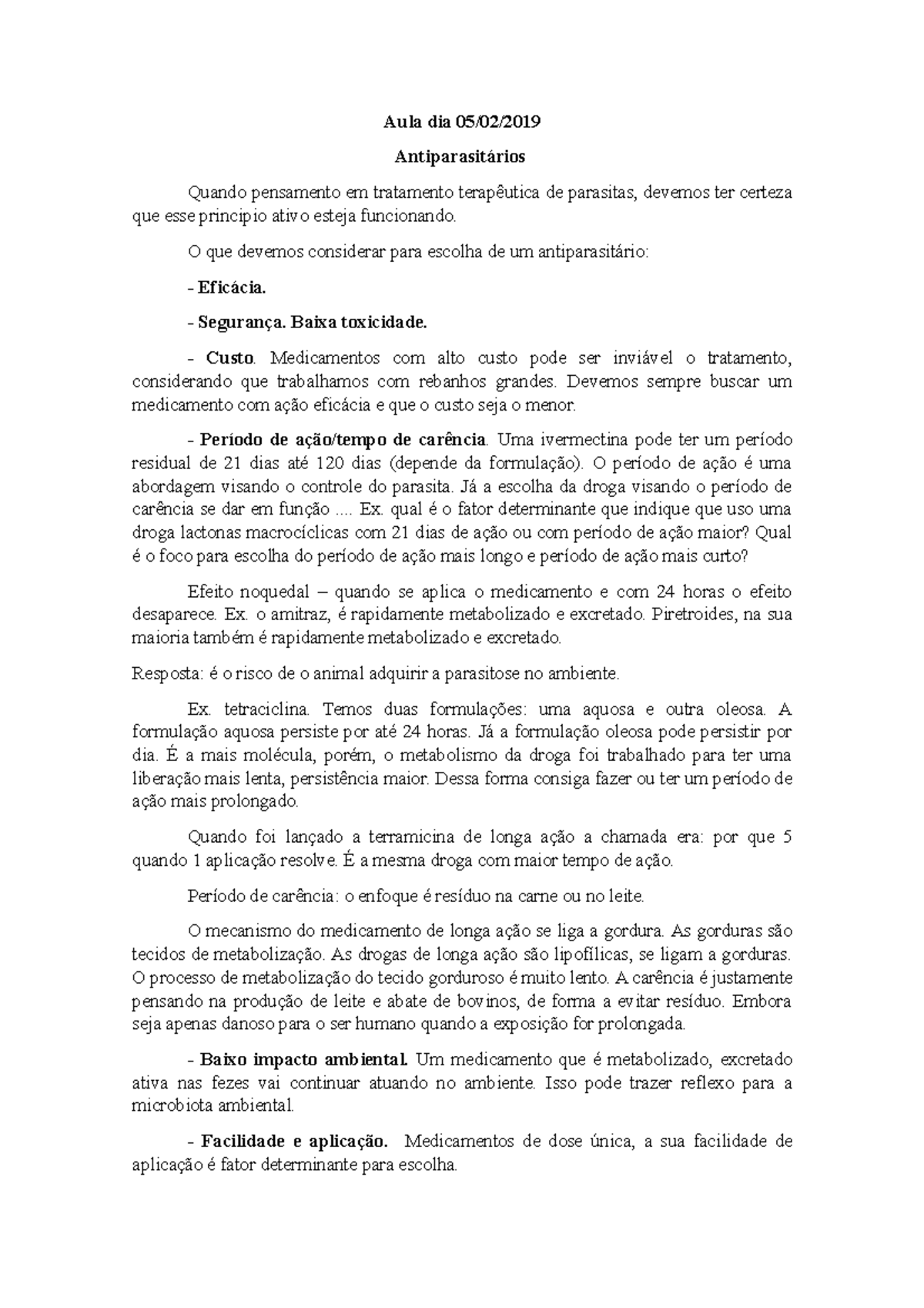 Antiparasitários - Anotações de aula Resumo da Aula - Aula dia 05/02 ...