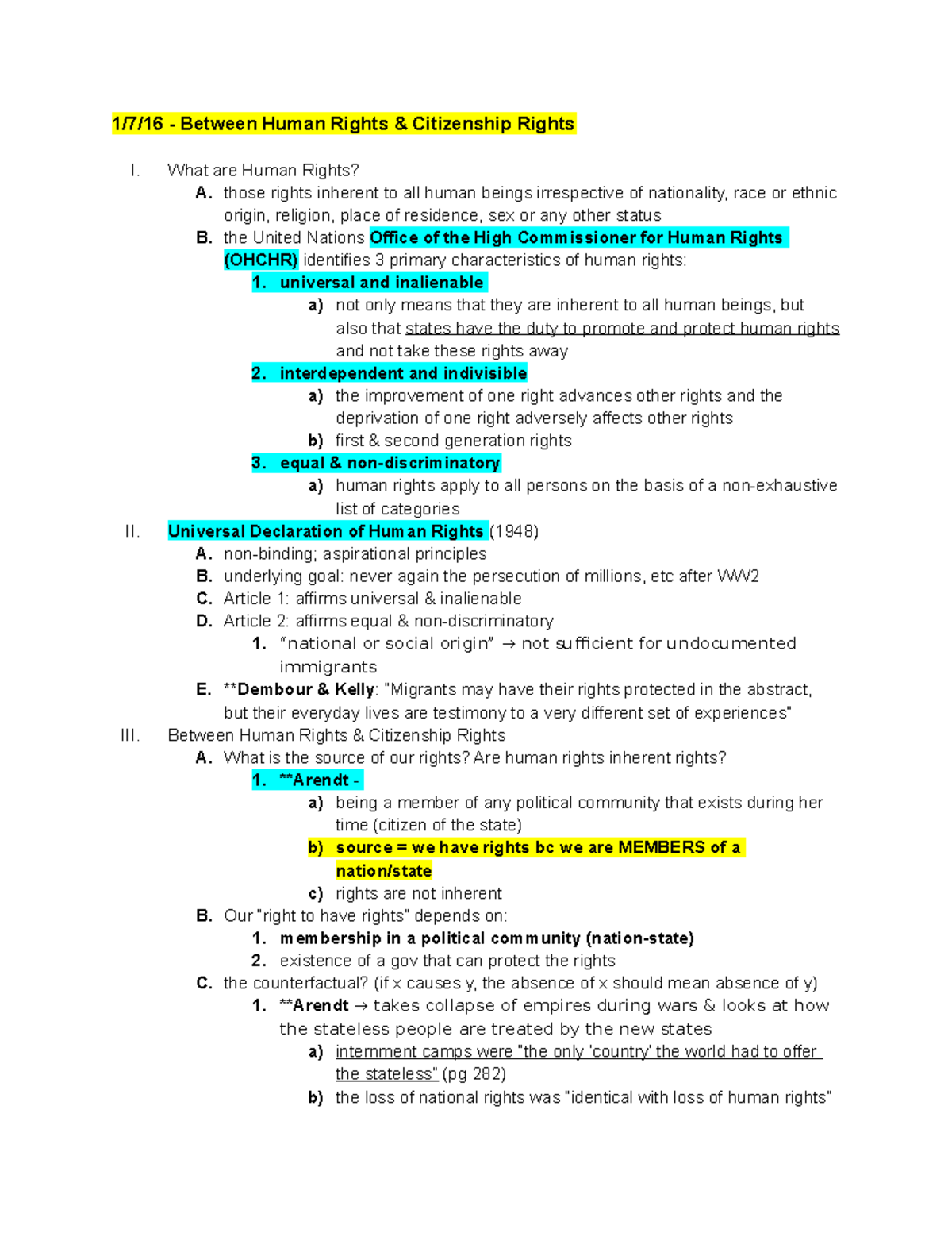 POLI 140D Lecture Notes - 1/7/16 - Between Human Rights & Citizenship ...