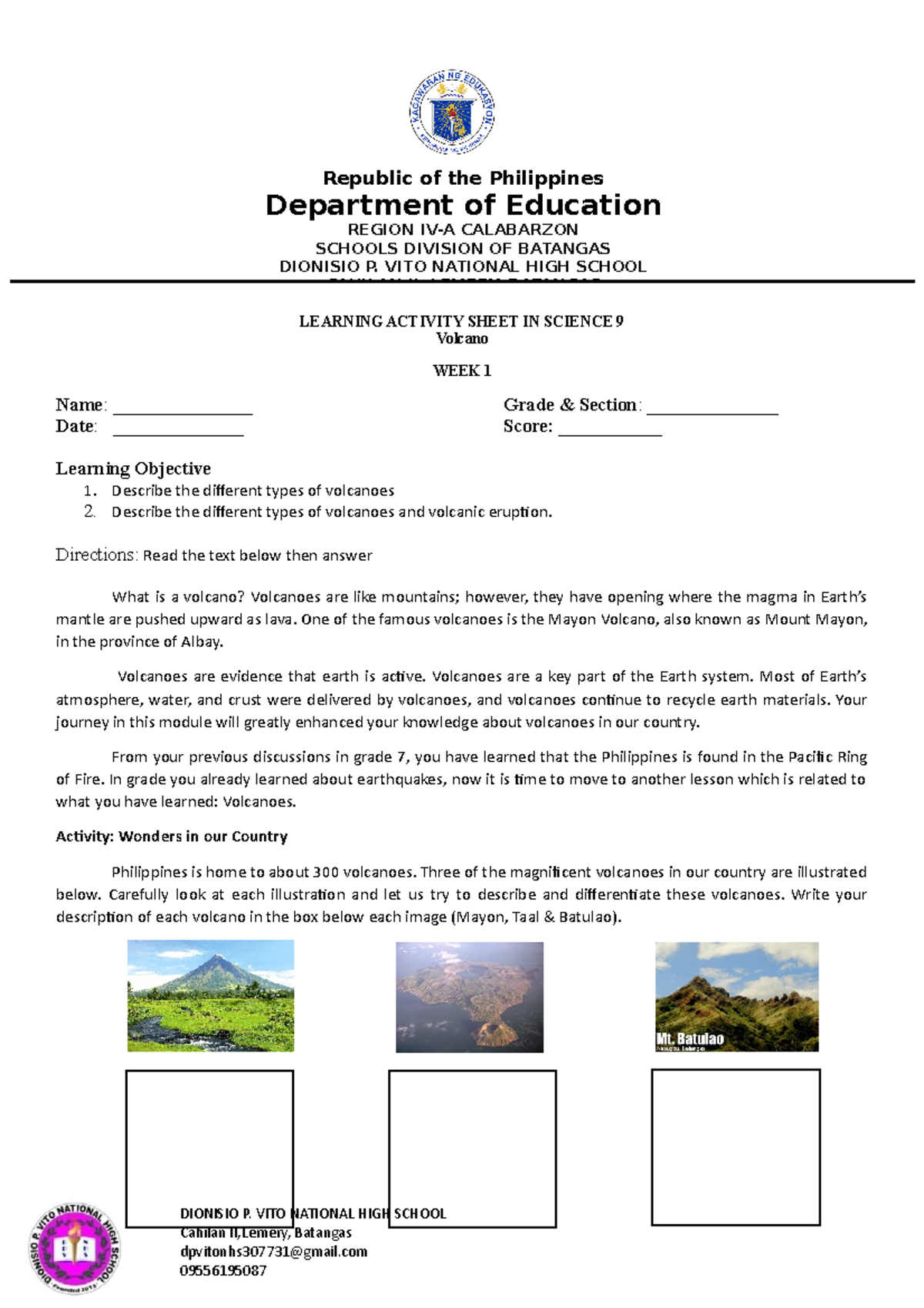 LAS SCI9 WEEK 1 Q3 - dll - LEARNING ACTIVITY SHEET IN SCIENCE 9 Volcano ...