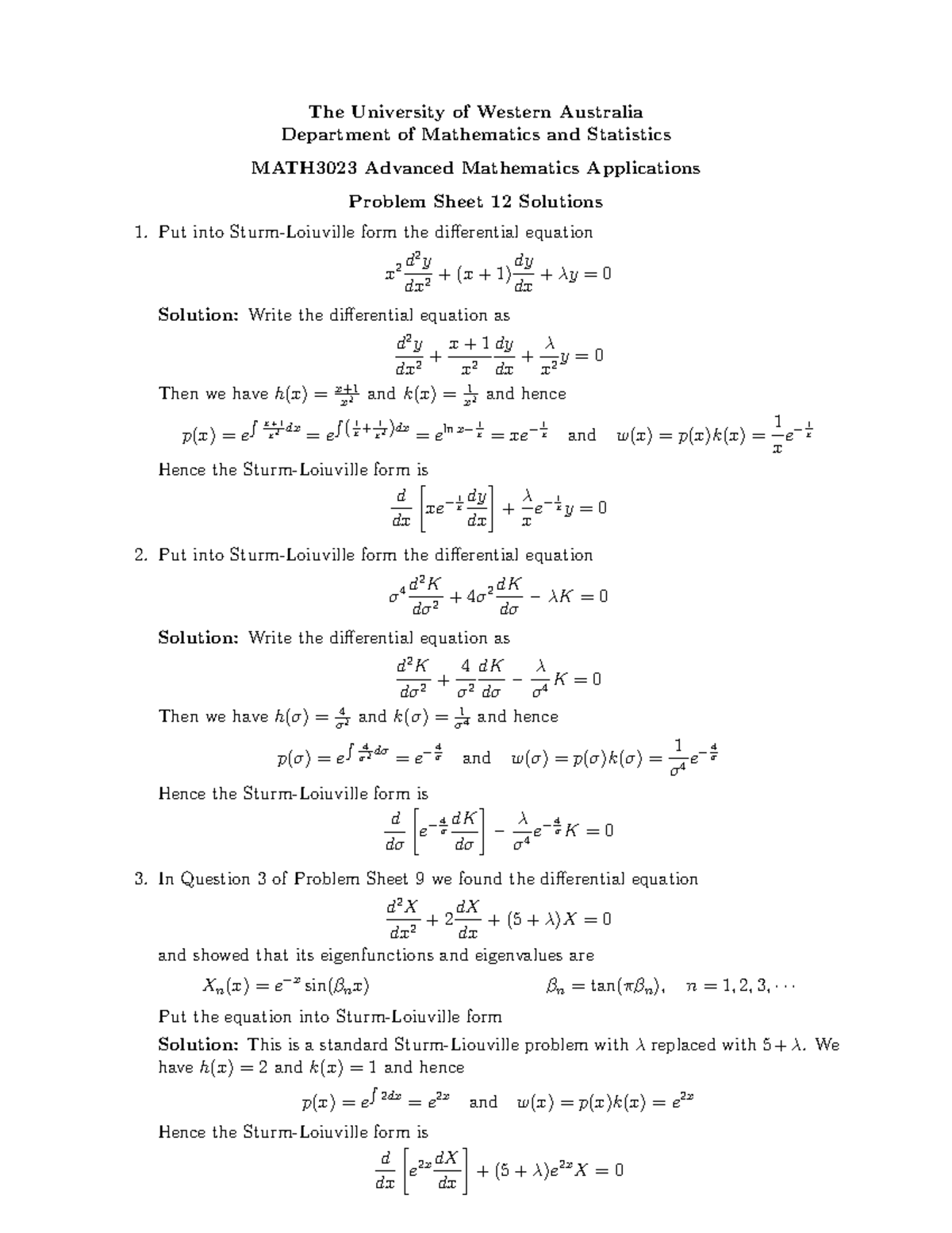Problem Sheet 12 Solutions - The University of Western Australia ...