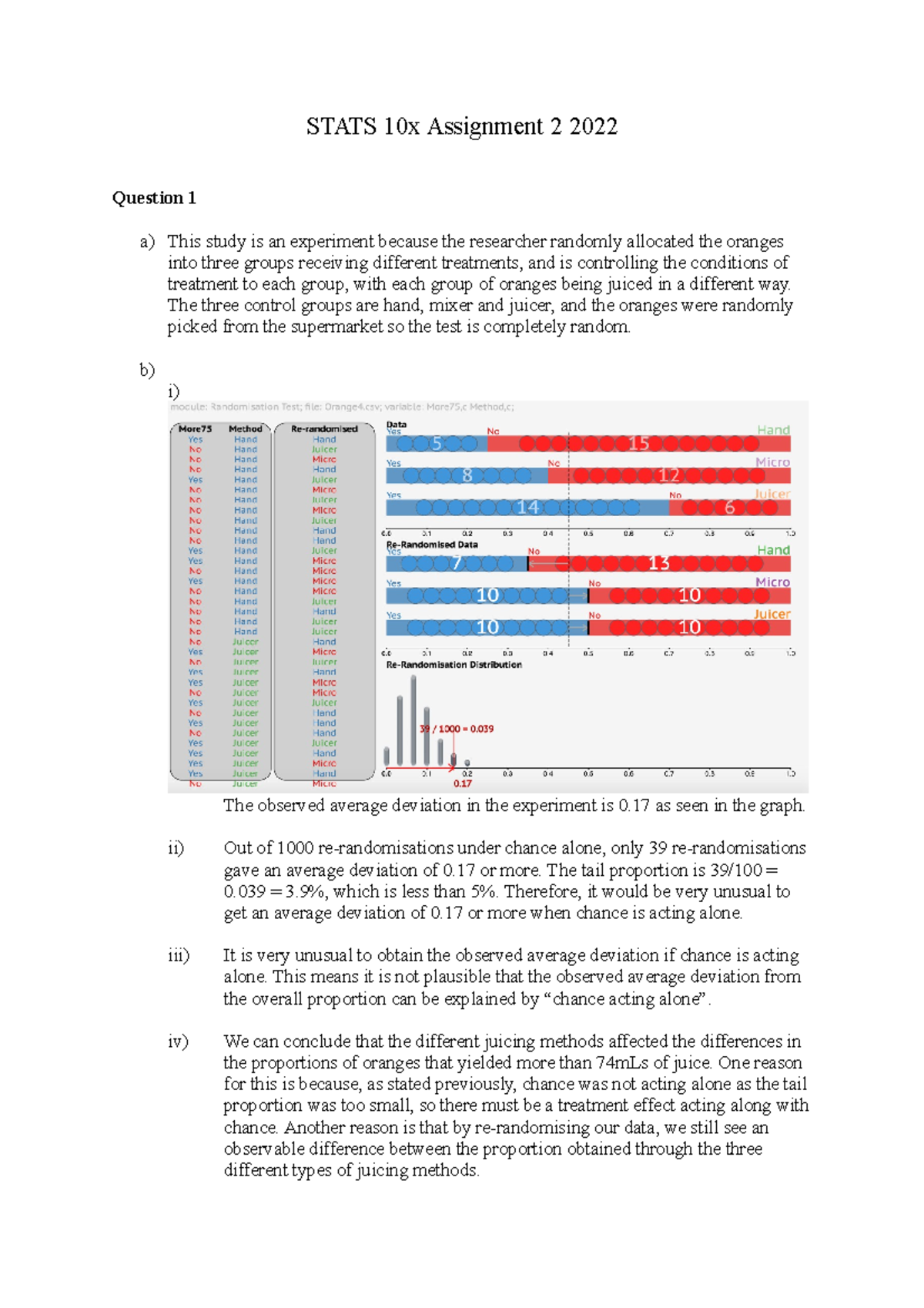 Stats 10x Assignment 2 2022 - STATS 10x Assignment 2 2022 Question 1 a ...