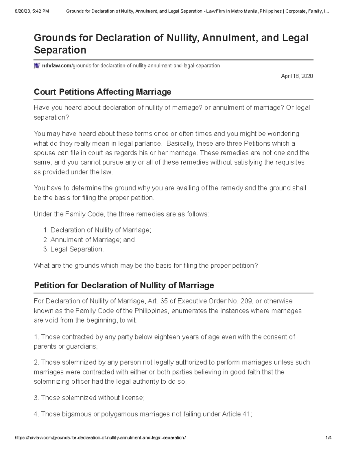 Grounds for Declaration of Nullity, Annulment, and Legal Separation