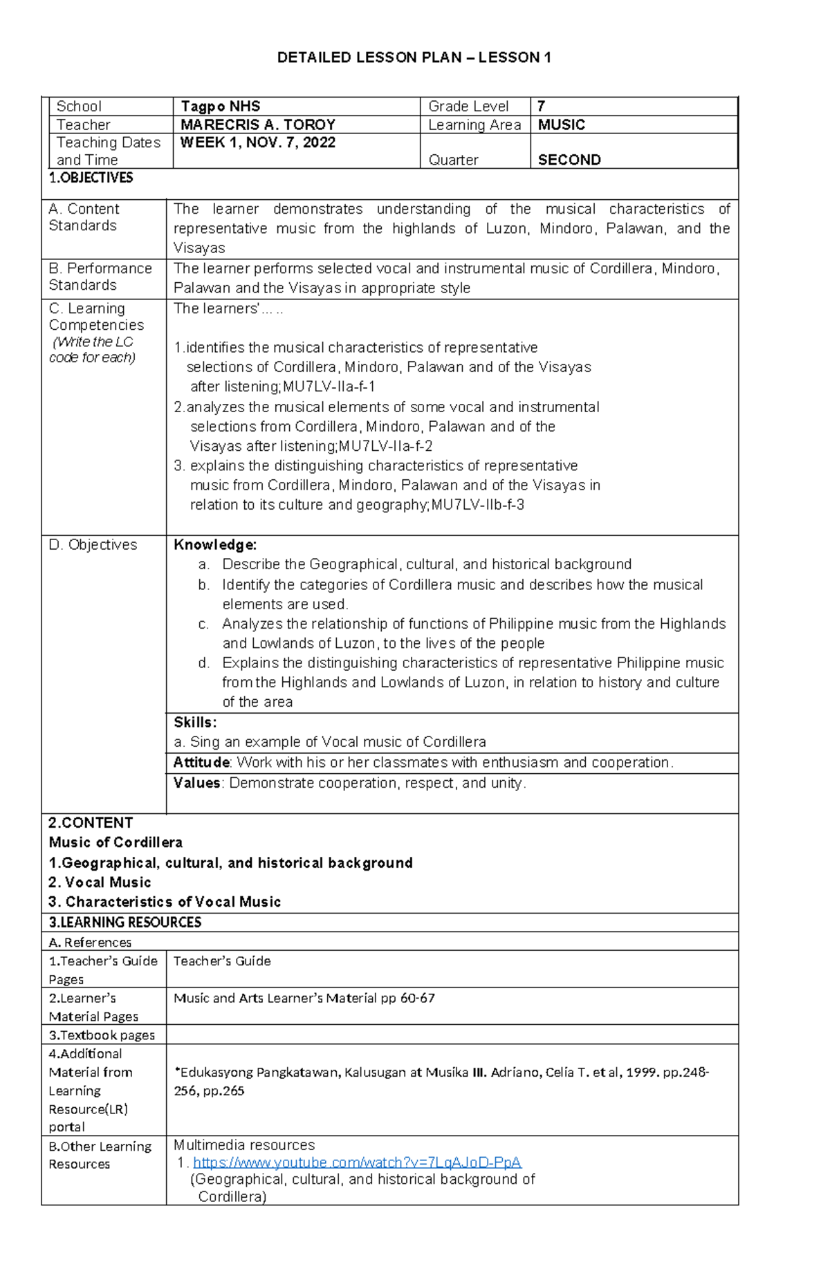 DLP 1 Music 7 2nd Quarter - DETAILED LESSON PLAN – LESSON 1 School ...