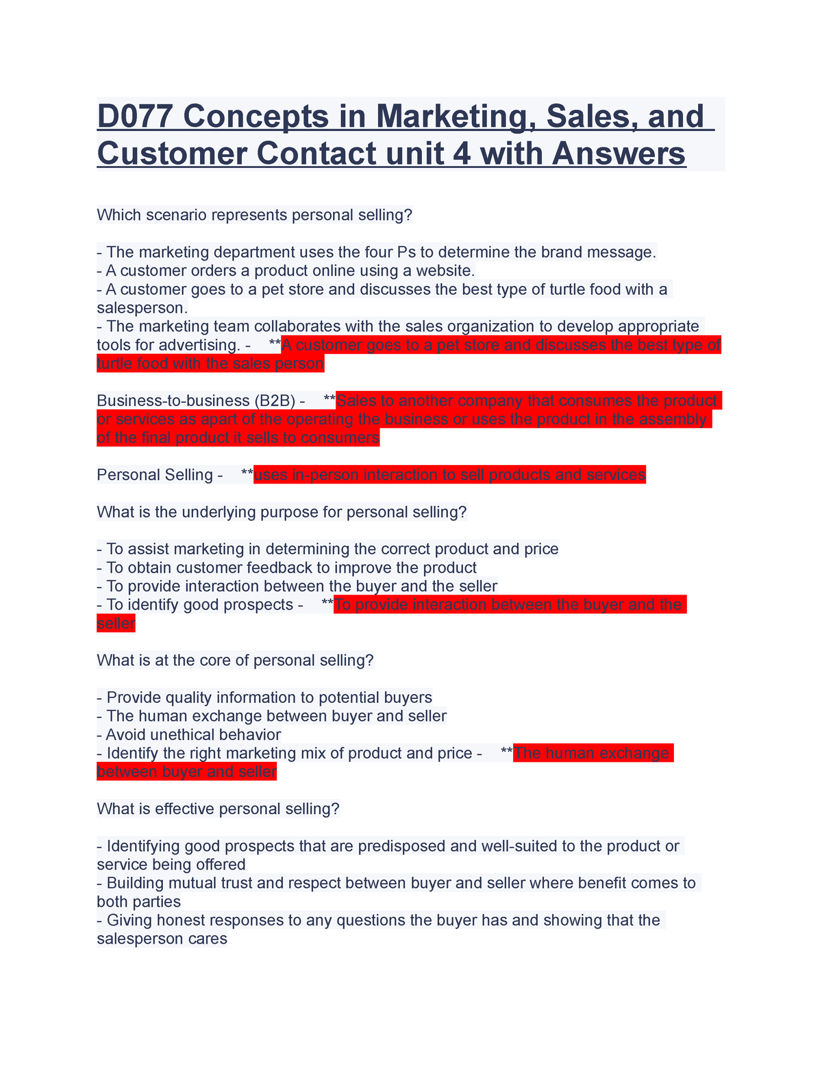 D077 Concepts In Marketing, Sales, And Customer Contact Unit 4 With ...