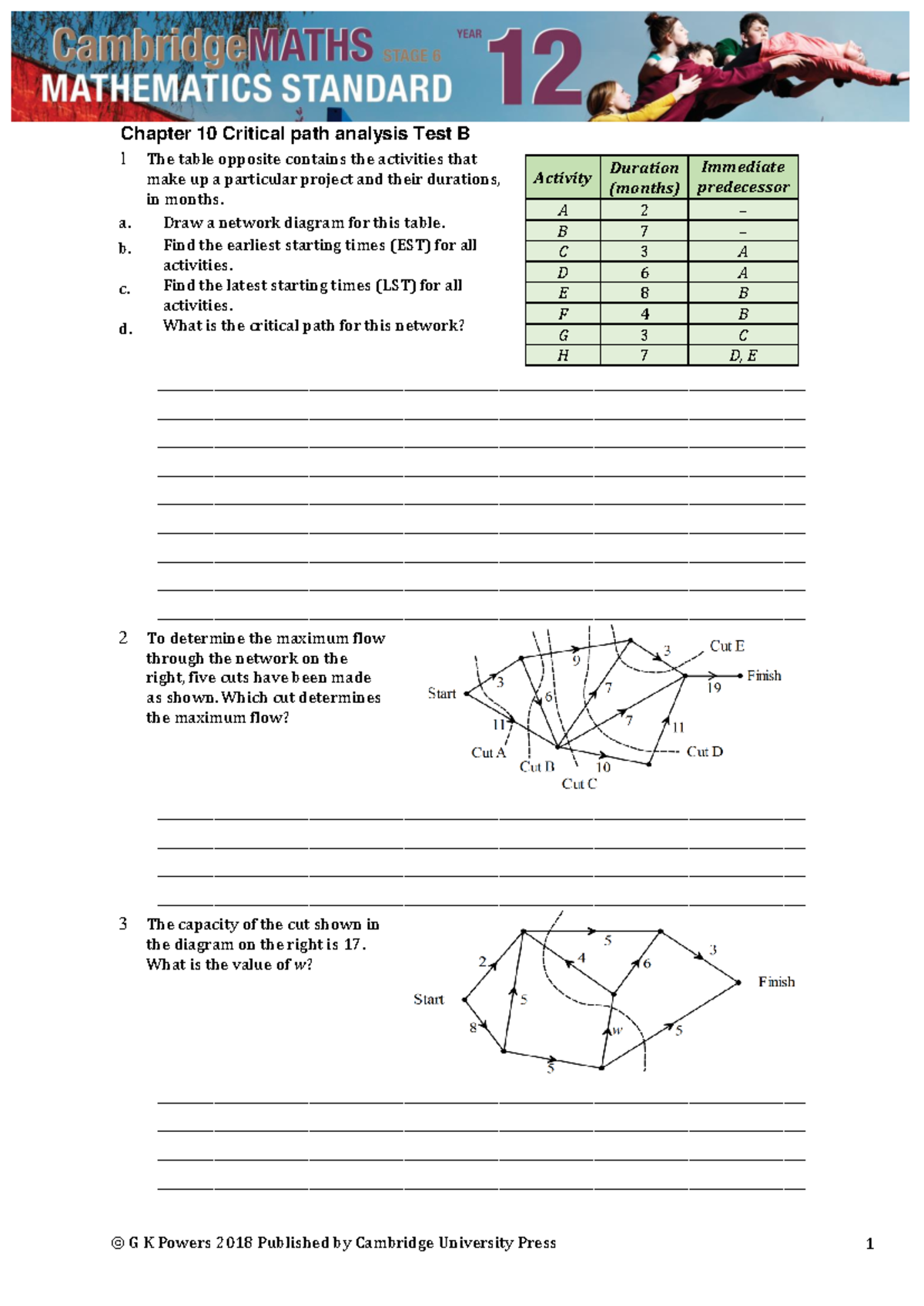 Chapter 10 Test B networks and critical paths Chapter 10 Critical