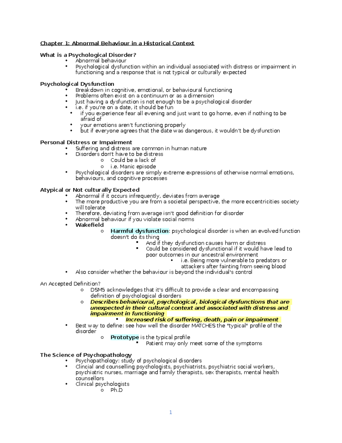 Chapter 1 - Class notes - Chapter 1: Abnormal Behaviour in a Historical ...