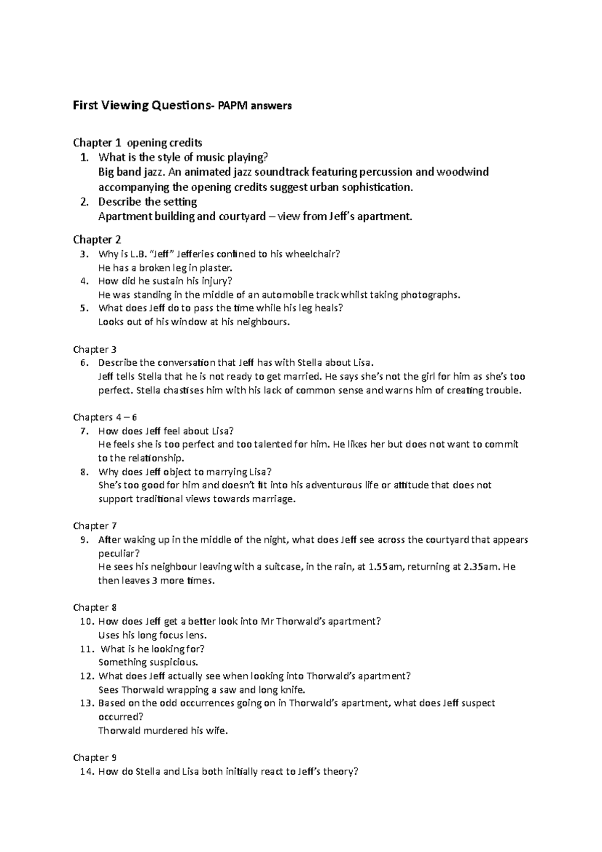 First Viewing Answers for Rear Window First Viewing Questions PAPM