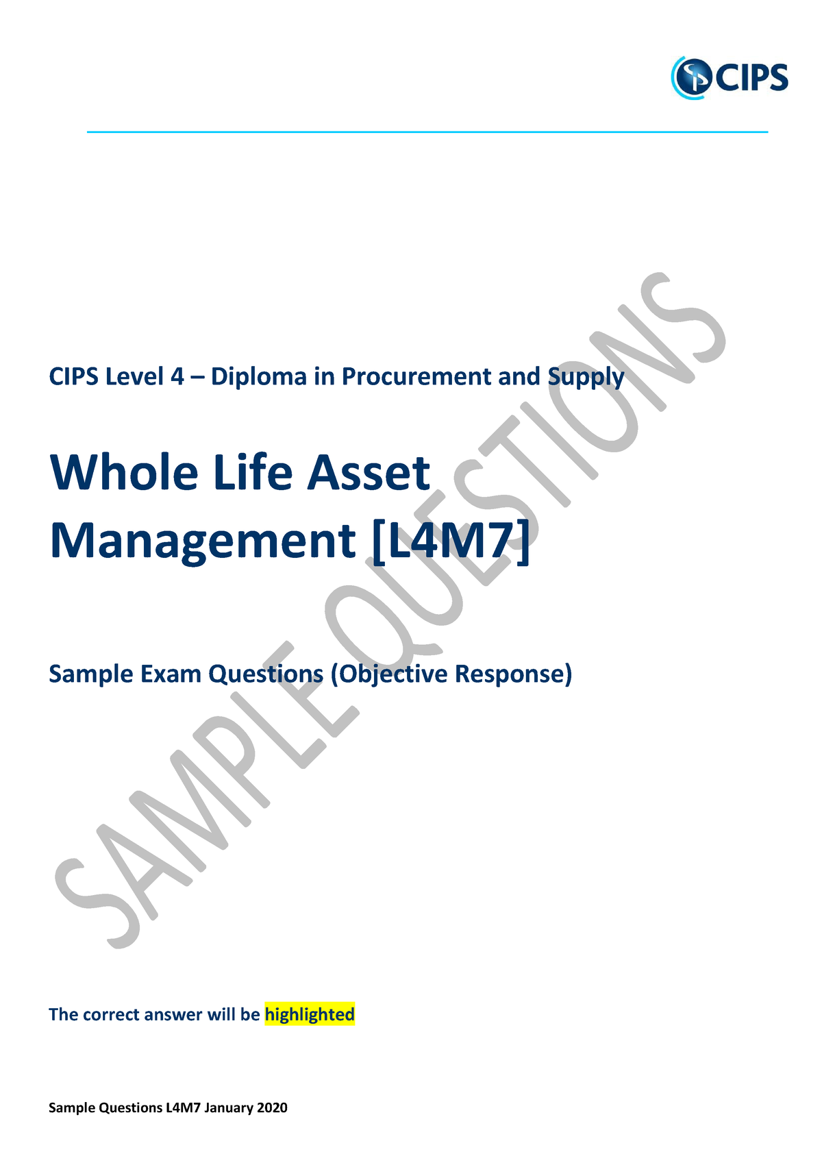 Whole Life Asset Management - Sample Questions L4M7 January 2020 CIPS Level  4 – Diploma in - Sns-Brigh10