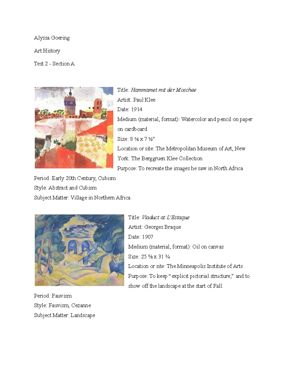 Art History Test Section A Alyssa Goering Art History Test 2