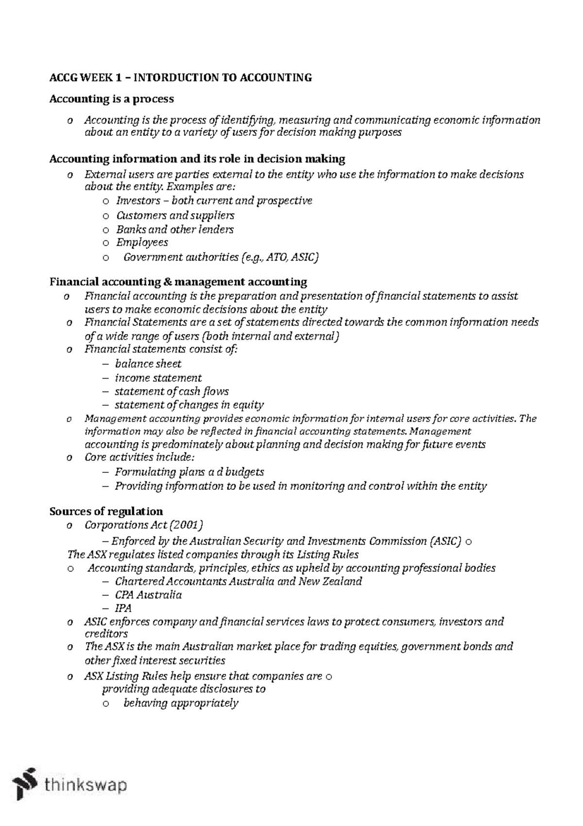 Accounting Notes - ACCG WEEK 1 – INTORDUCTION TO ACCOUNTING Accounting ...