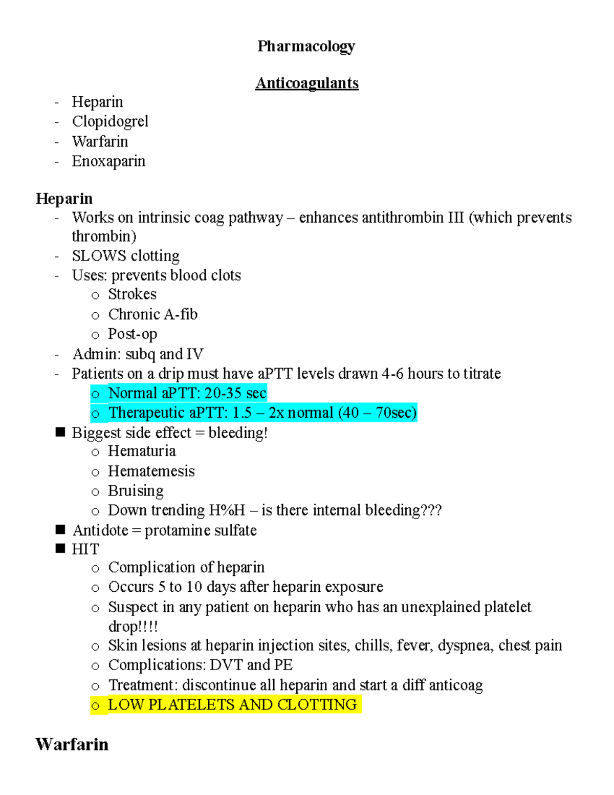 Pharmacology Carmines Pharmacology Anticoagulants Heparin Clopidogrel Warfarin Enoxaparin