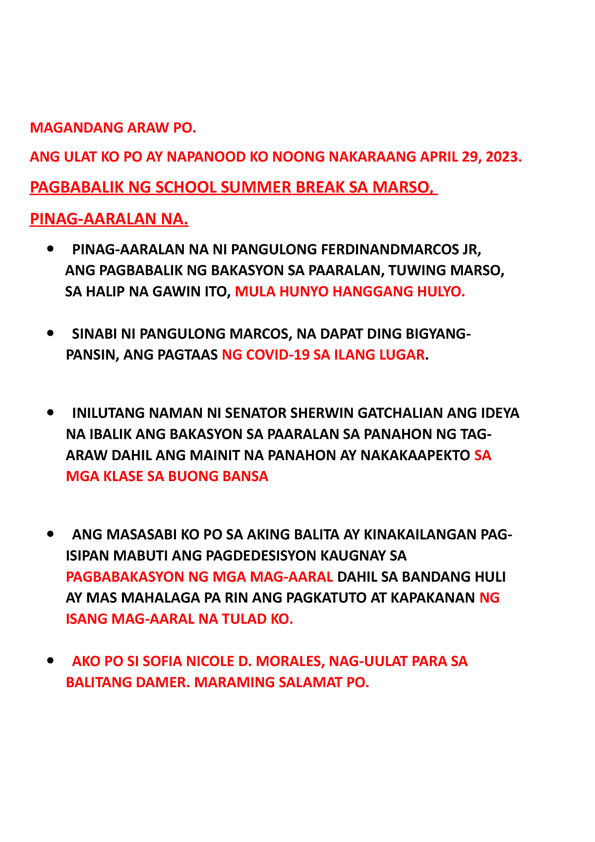 Balita Ikaapat NA Markahan - MAGANDANG ARAW PO. ANG ULAT KO PO AY ...