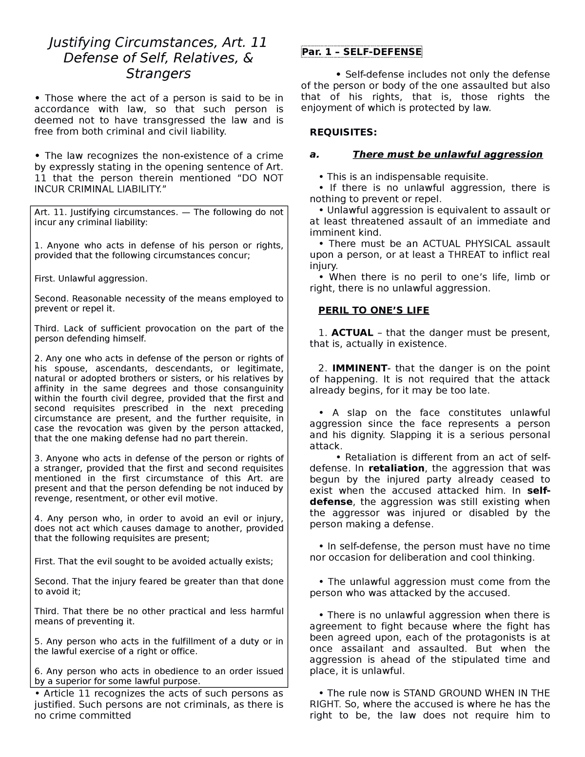 Justifying-Circumstances - Justifying Circumstances, Art. 11 Defense Of ...