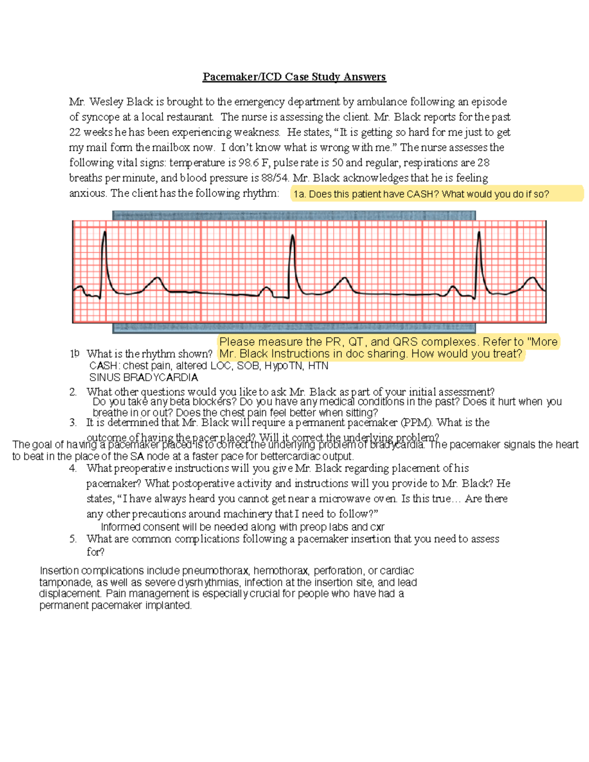 NURS 481L Week 6 Case Study - Pacemaker/ICD Case Study Answers Mr ...