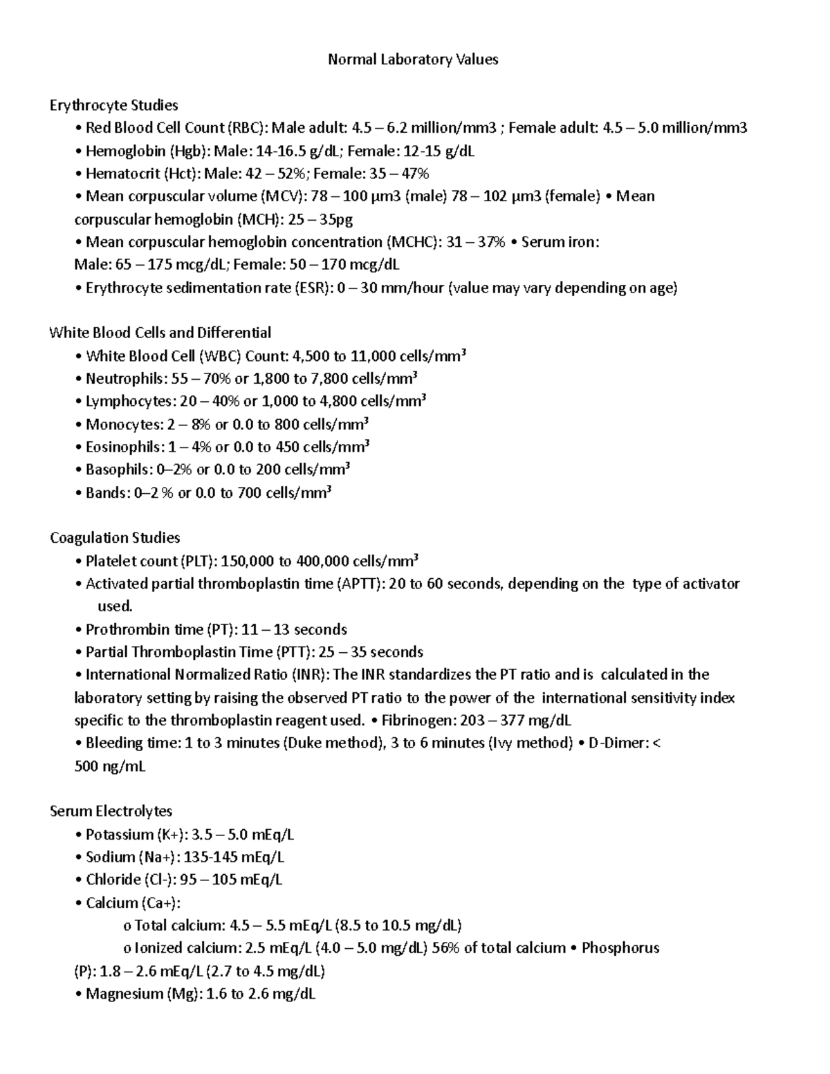 Nurseslabs Normal Lab Values 1 - Normal Laboratory Values Erythrocyte ...