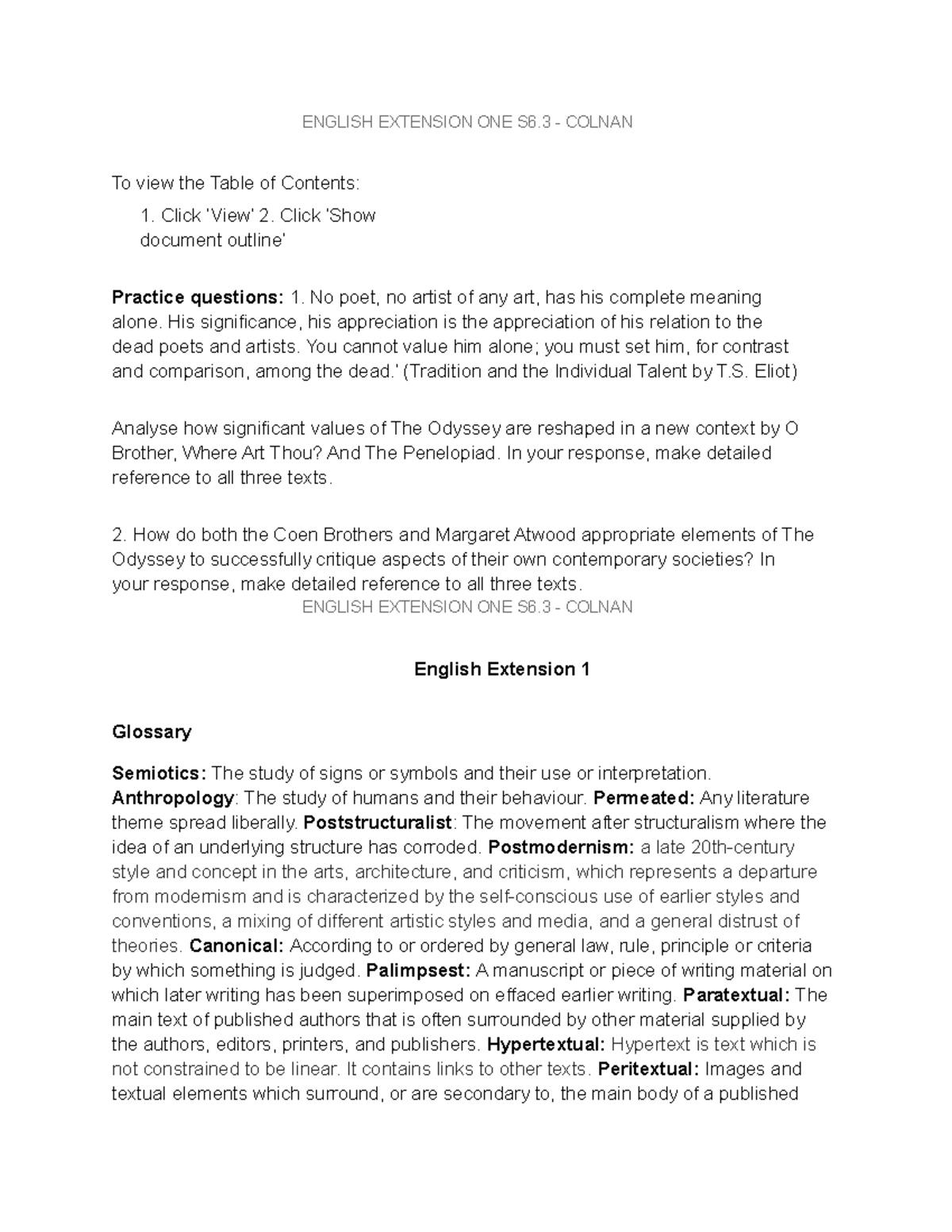 English Extension ONE Sharedclass Google DOC ENGLISH EXTENSION ONE S6 COLNAN To view the