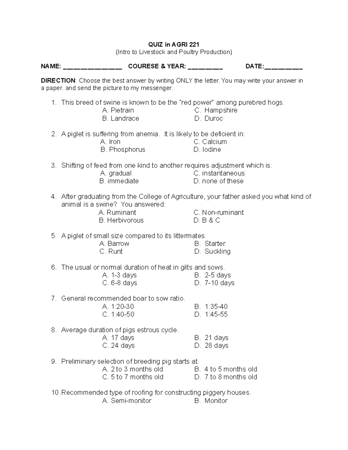 Intro to Livestock and Poultry Production QUIZ in AGRI 221 (Intro to