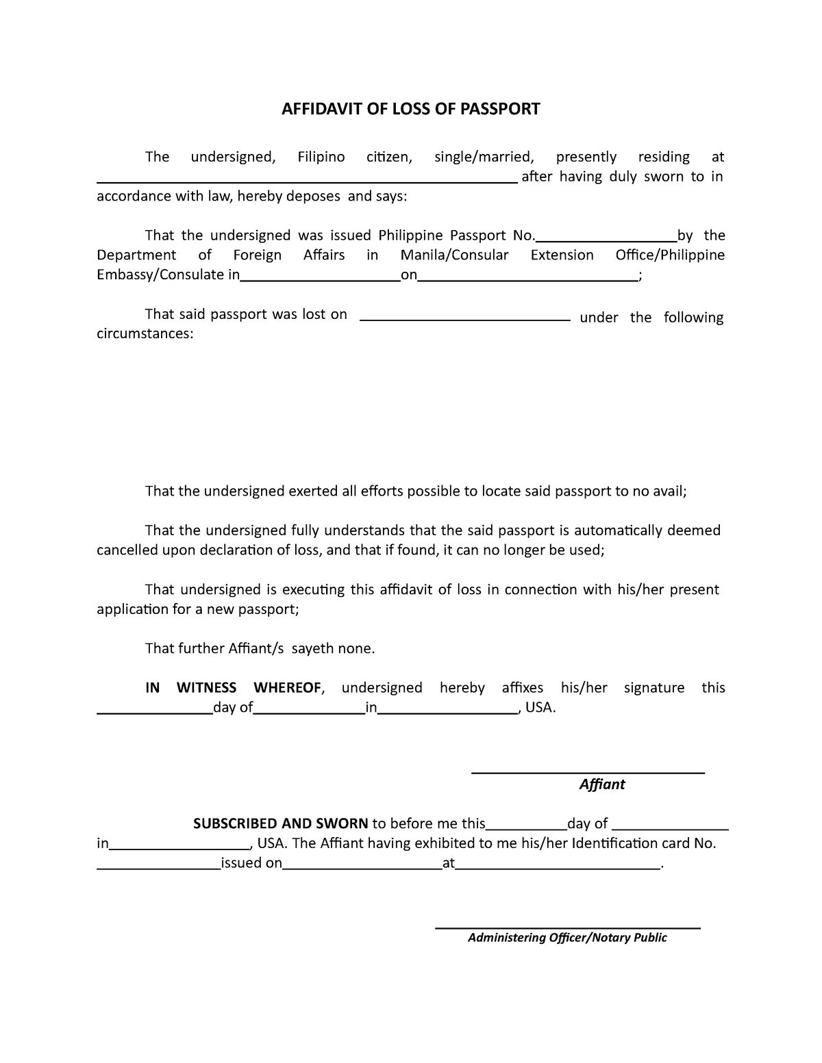 Affidavit Of Loss Of Passport Affidavit Of Loss Of Pa 6474