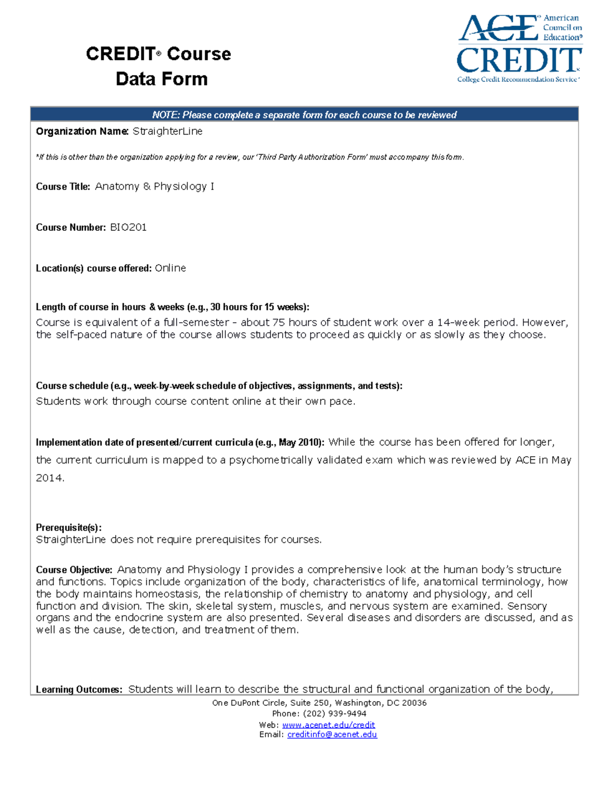 BIO201 - Course Syllabus - NOTE: Please Complete A Separate Form For ...