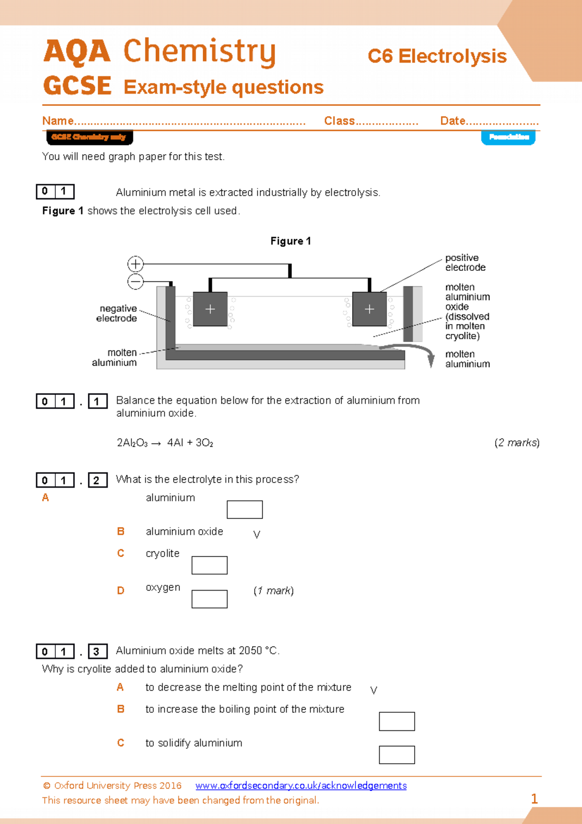 AQA Electrolysis Exam style Questions Studocu