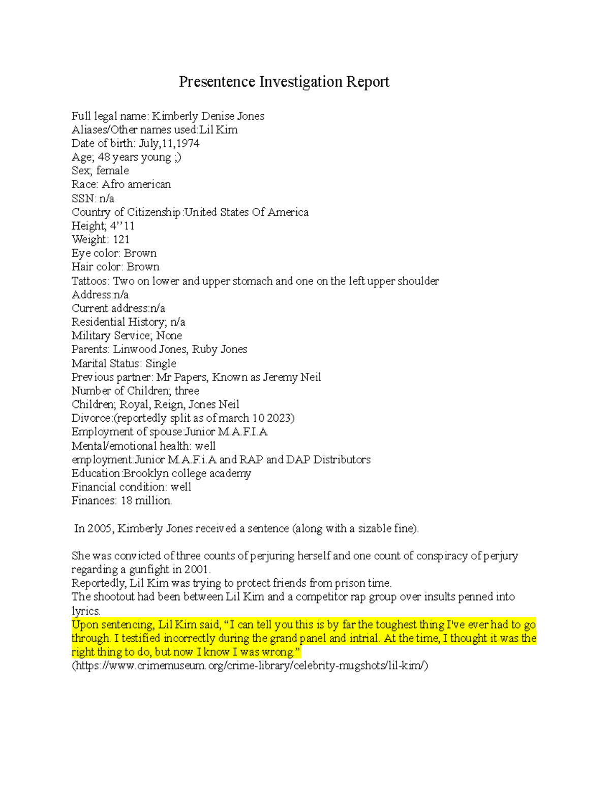 criminal justice - Presentence Investigation Report Full legal name ...
