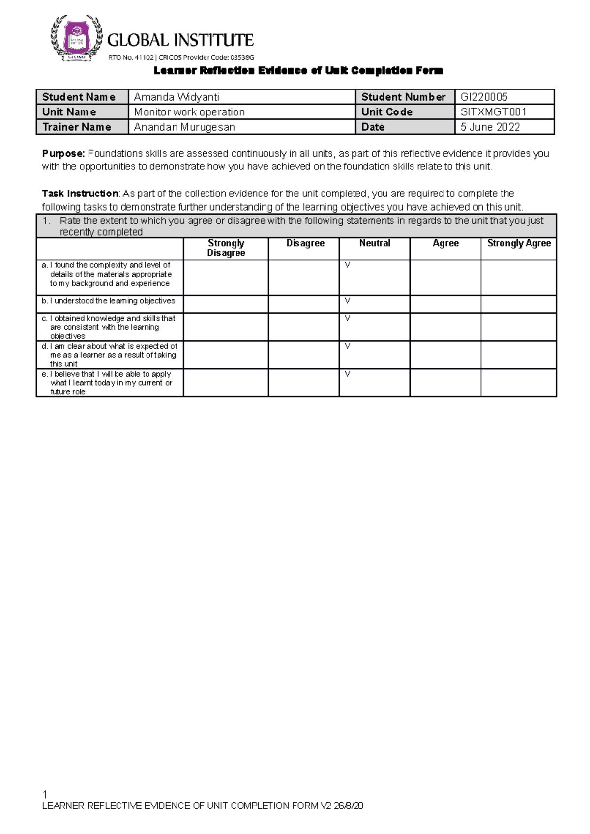 Sitxmgt 001 Work Operation Learner Reflection Evidence Form V2.0 (1 ...