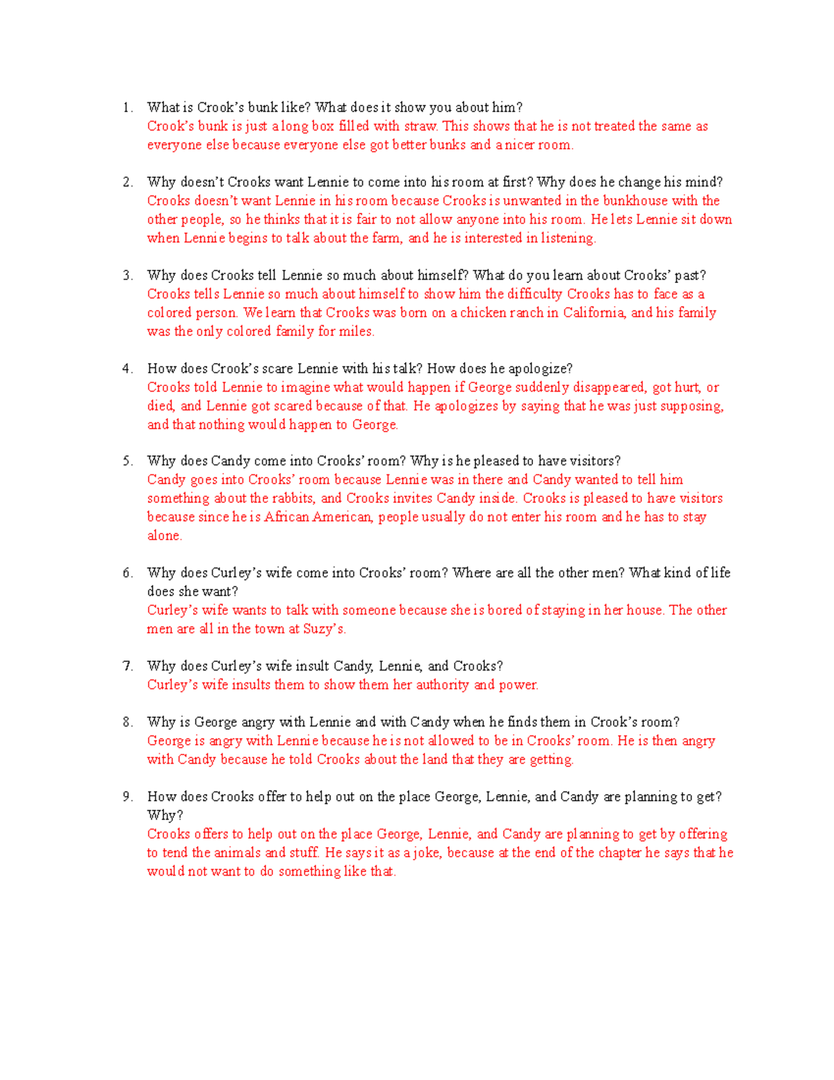 Of Mice and Men Chapter 4 What is Crook’s bunk like? What does it