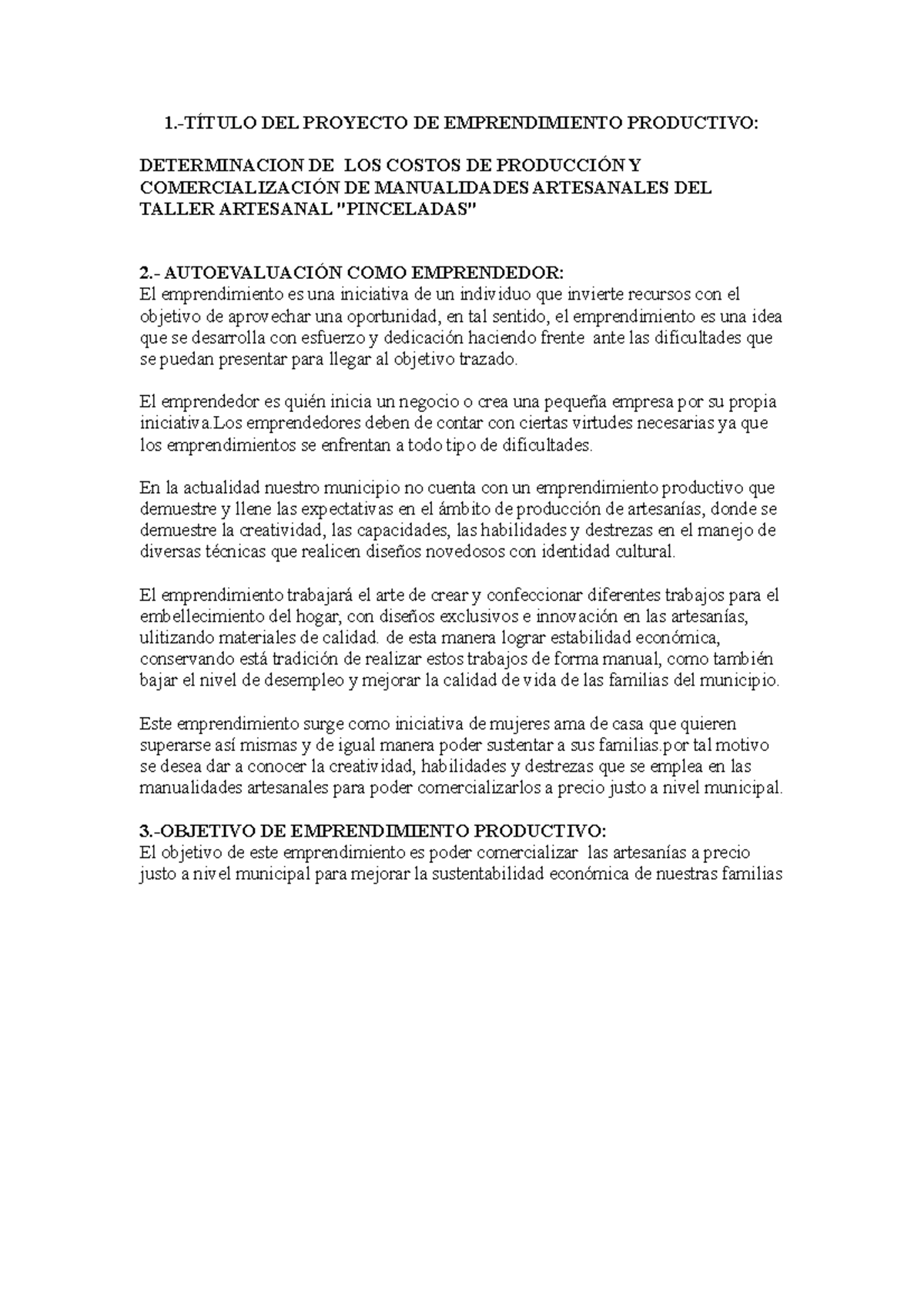 Emprendimiento productivo - 1.-TÍTULO DEL PROYECTO DE EMPRENDIMIENTO ...