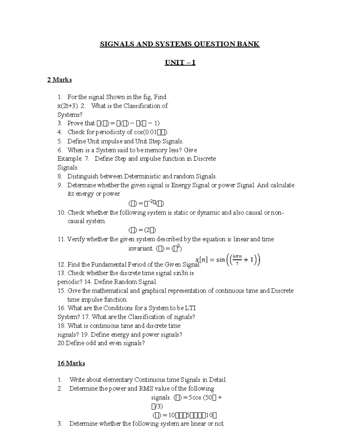 2EC6303Signals and Systems QB SIGNALS AND SYSTEMS QUESTION BANK UNIT