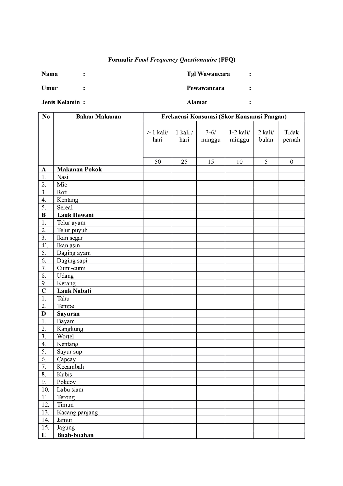 Formulir Food Frequency Questionnaire - Ikan asin Daging ayam Daging ...