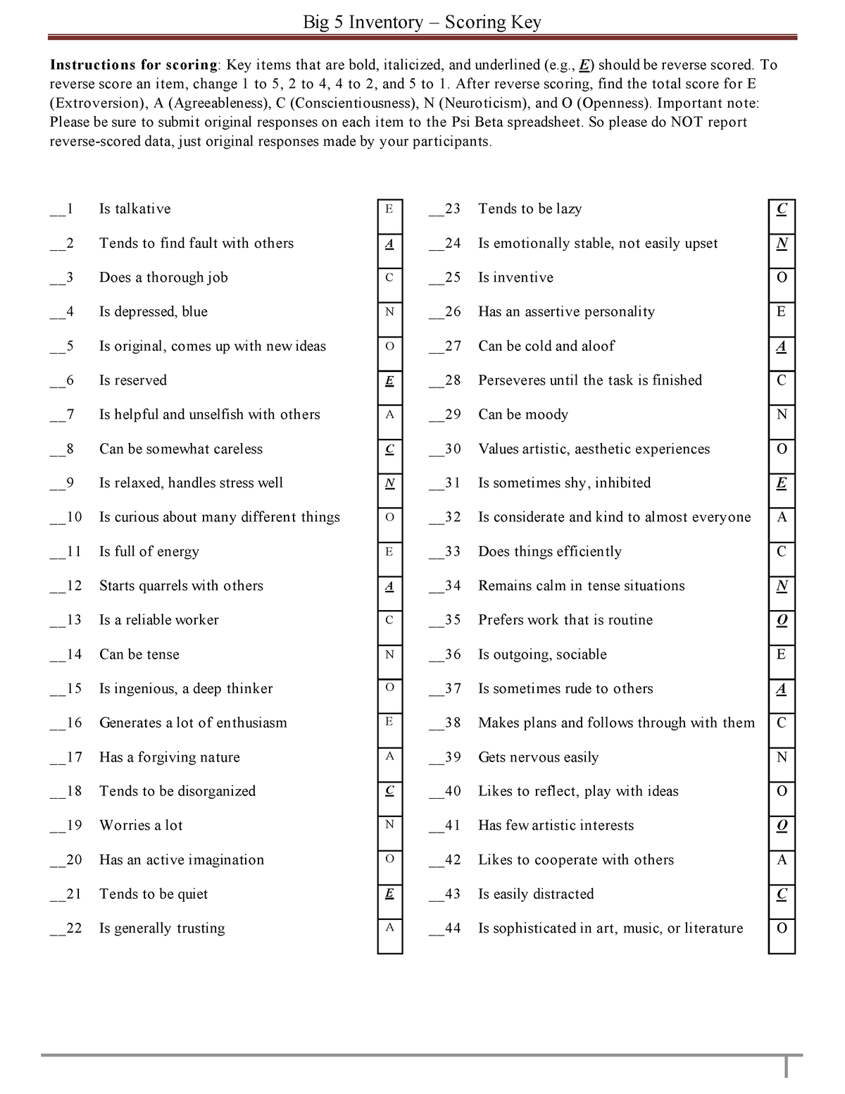 Big Five Inventory key - Scale - Big 5 Inventory – Scoring Key ...