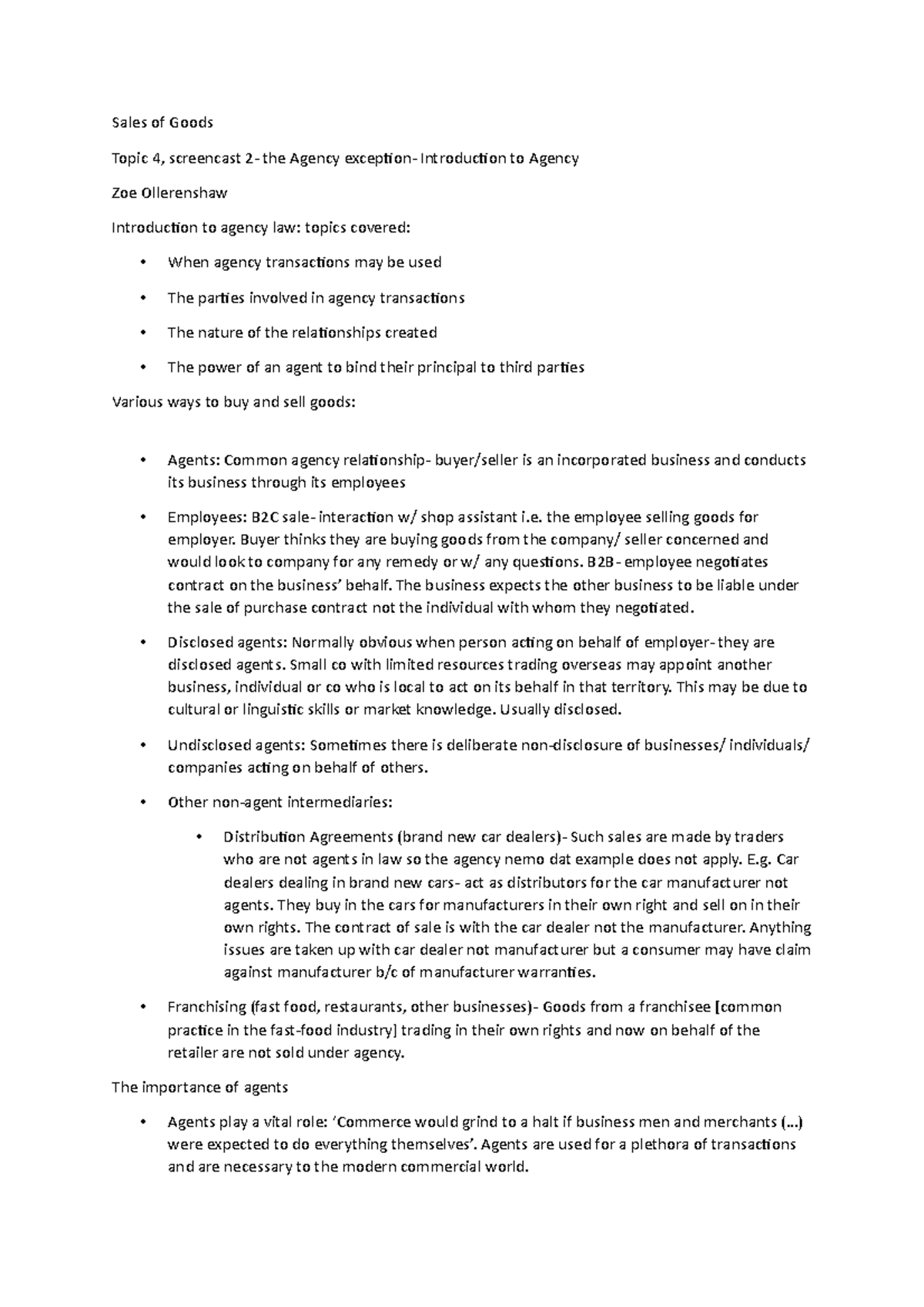 Sales of Goods Agency: an introduction. - Sales of Goods Topic 4 ...