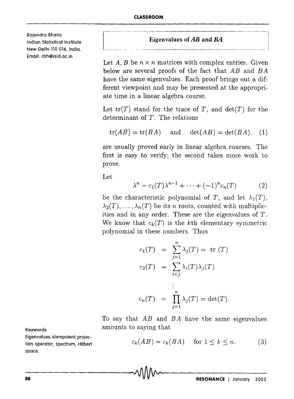 Eigenvalues Of AB And BA - CLASSROOM ] Rajendra Bhatia Eigenvalues Of ...