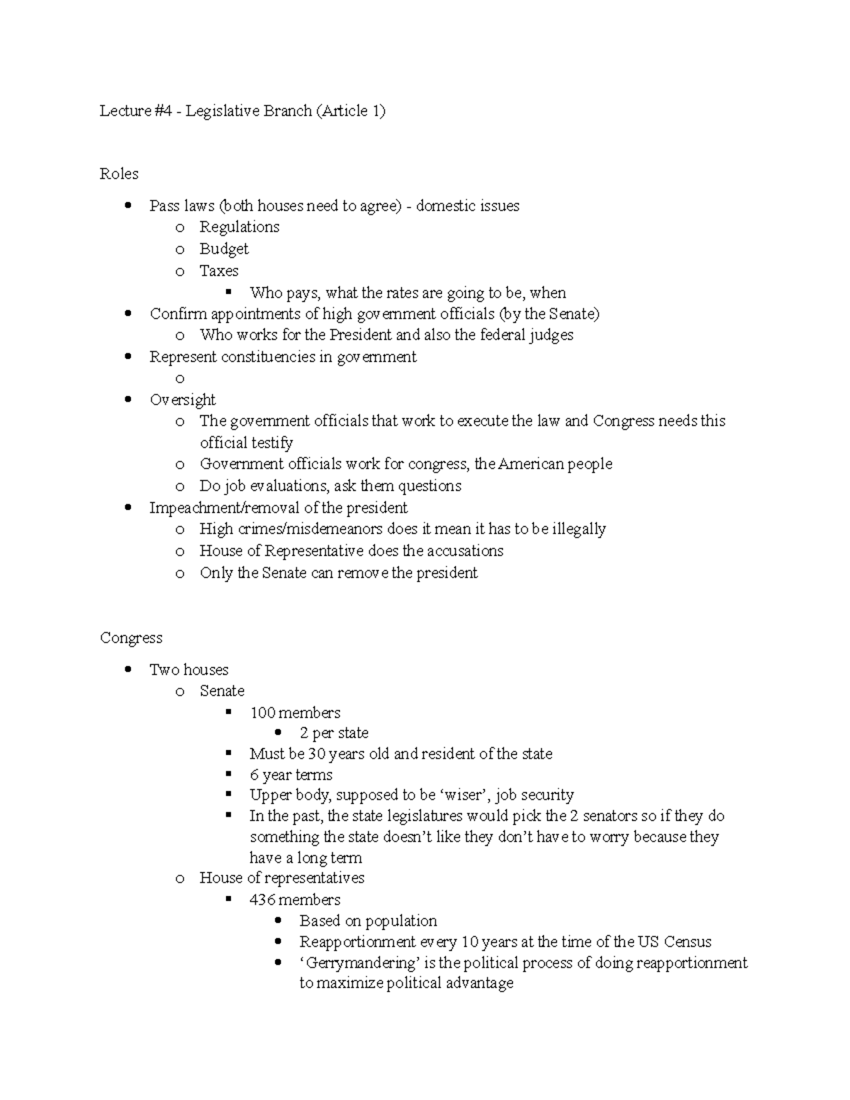 Posc 100 - Lecture 4 - Lecture #4 - Legislative Branch (article 1 