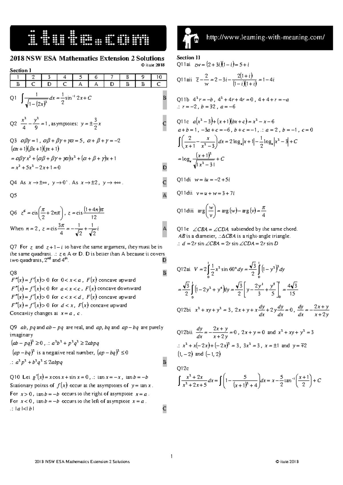 2018 NSW ESA Mathematics Extension 2 Solutions MAST30012 Unimelb