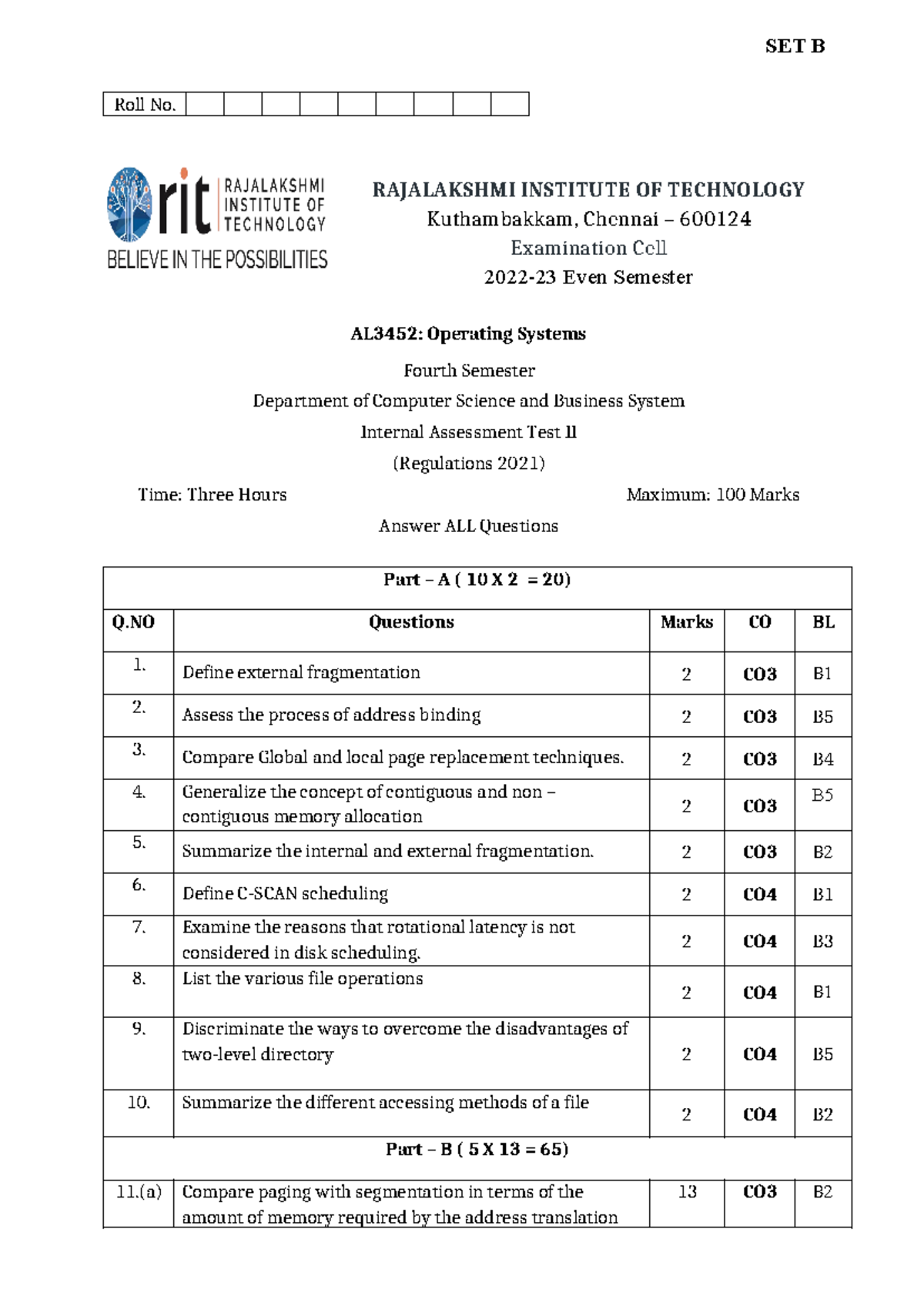 AL3452 - IATs 2-OS-SETB - SET B Roll No. RAJALAKSHMI INSTITUTE OF ...