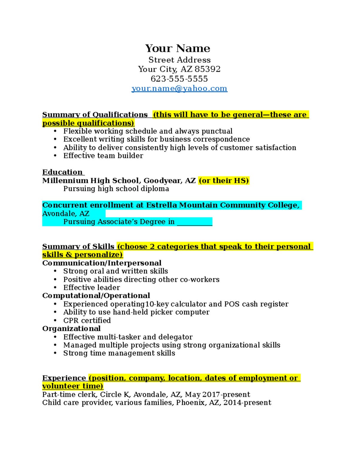 ACE example resume - notes - Your Name Street Address Your City, AZ ...